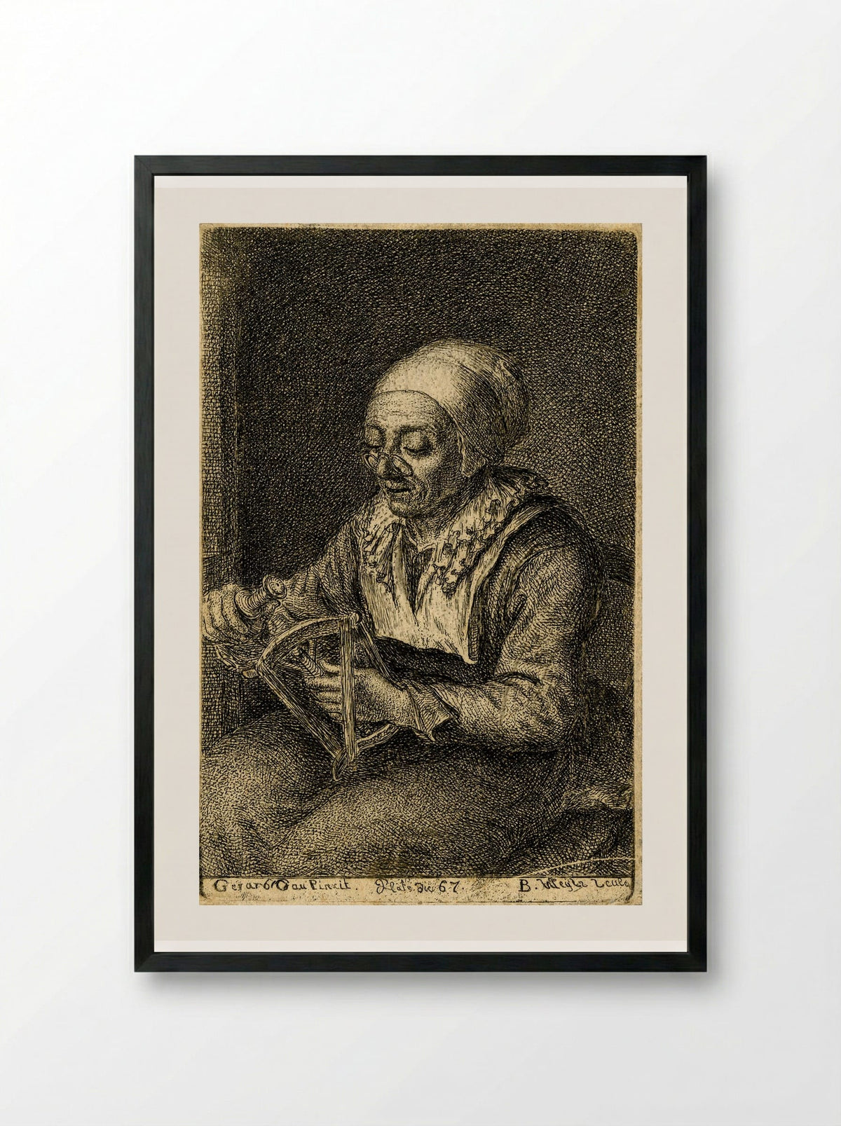 Old Woman Unreeling Threads - Gerrit Dou - Framed Print Black
