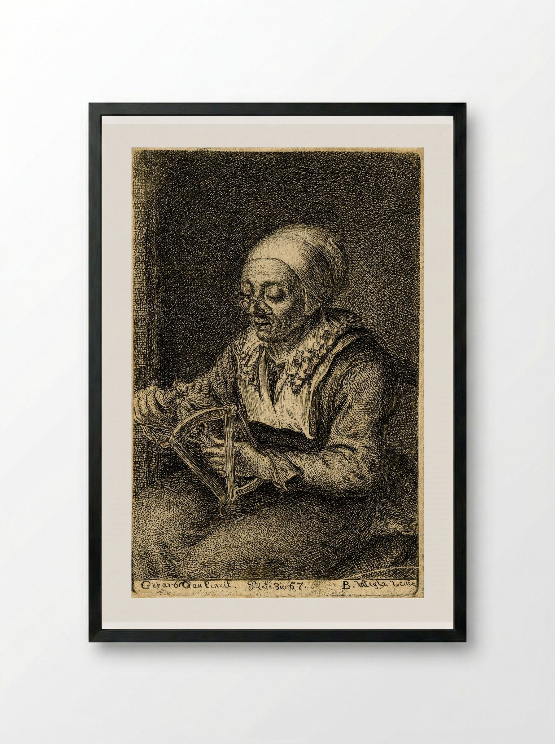Old Woman Unreeling Threads - Gerrit Dou - Framed Print Black