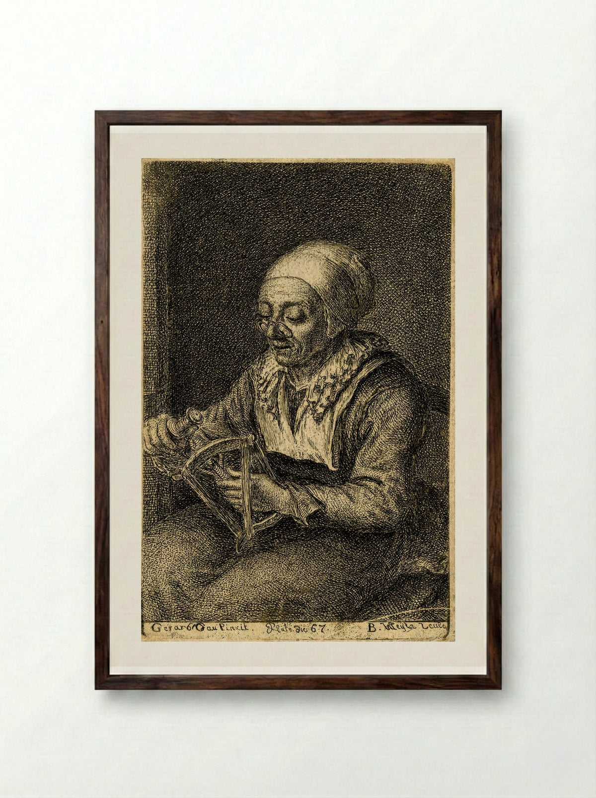 Old Woman Unreeling Threads - Gerrit Dou - Framed Print Dark Wood