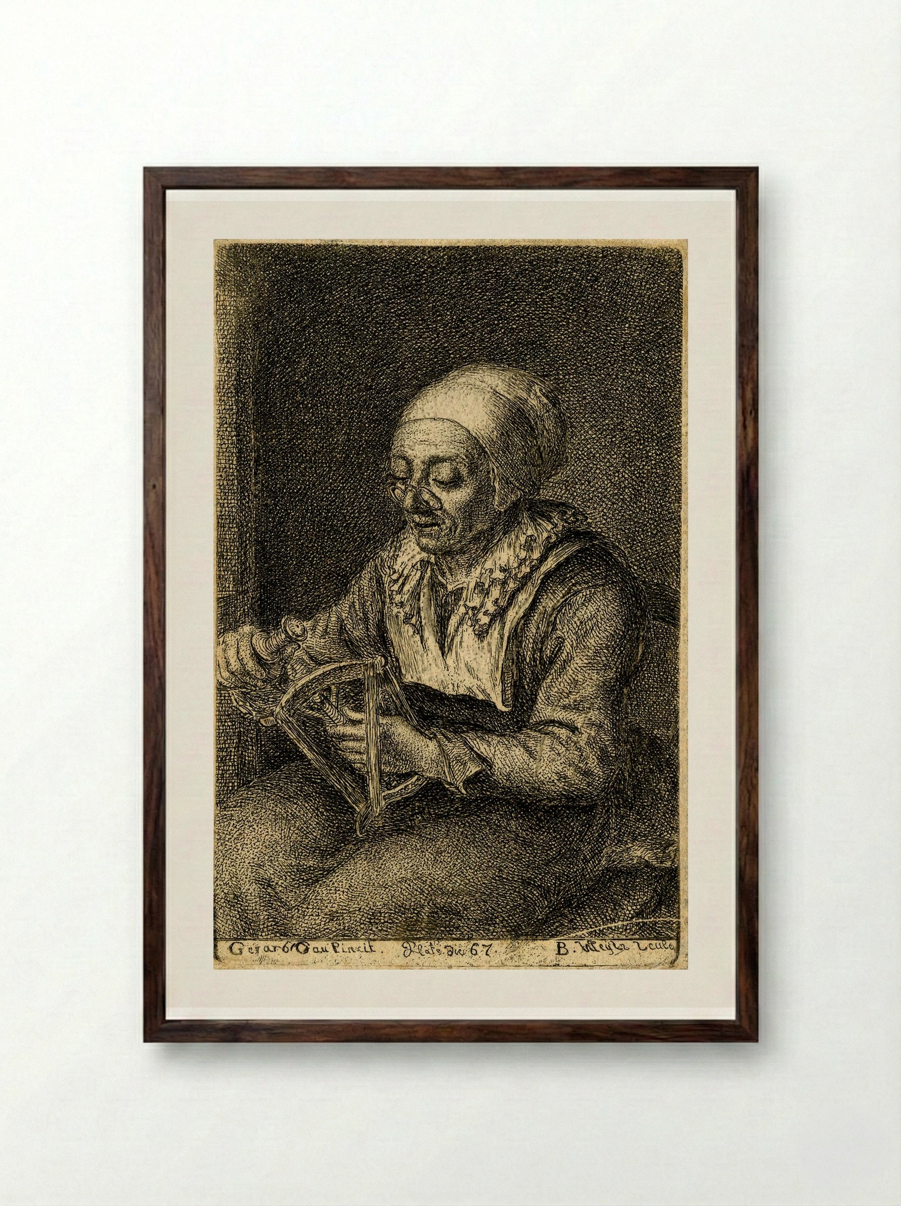 Old Woman Unreeling Threads - Gerrit Dou - Framed Print Dark Wood