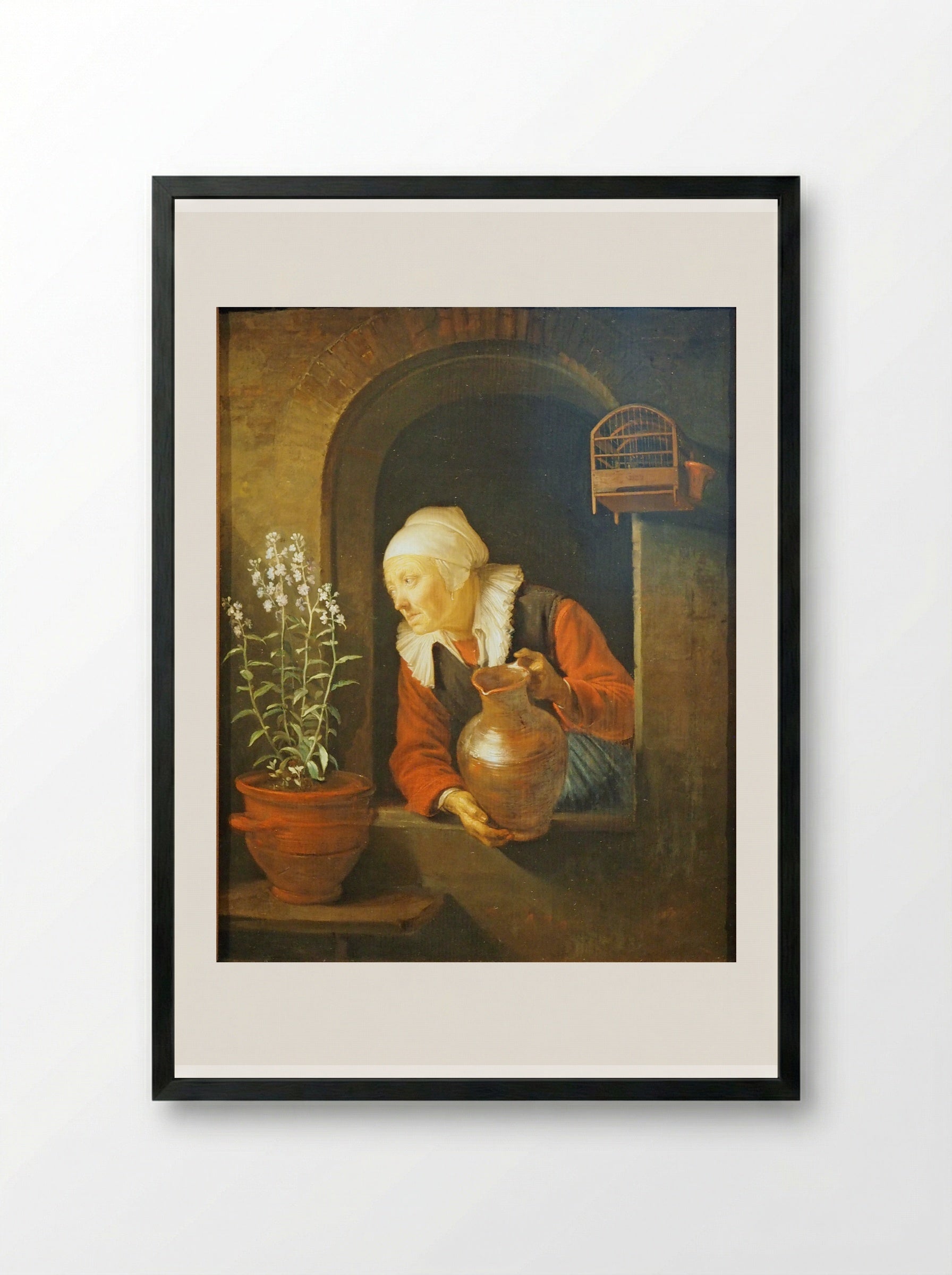 Old Woman Watering Flowers - Gerrit Dou - Framed Print Black