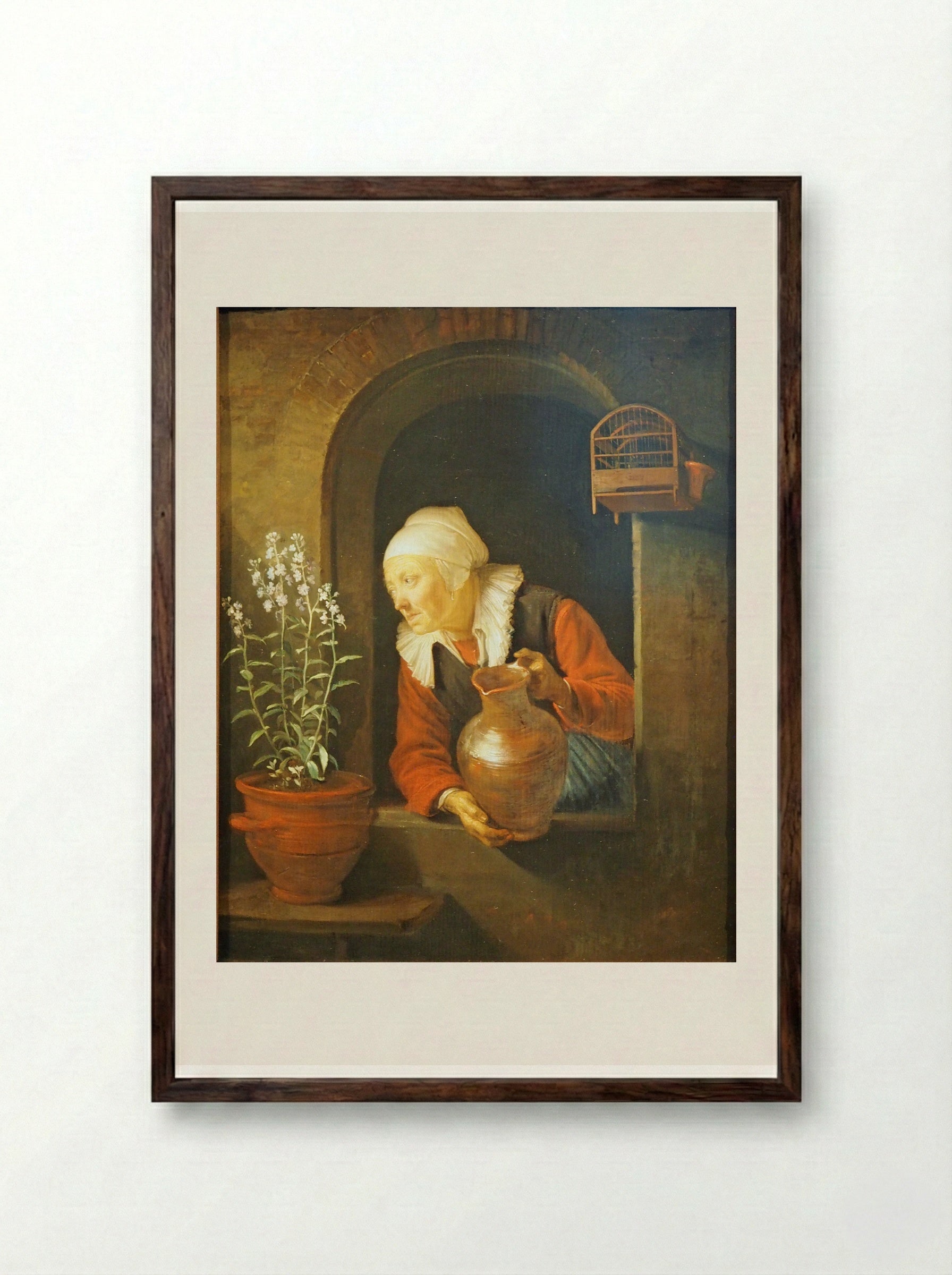 Old Woman Watering Flowers - Gerrit Dou - Framed Print Dark Wood