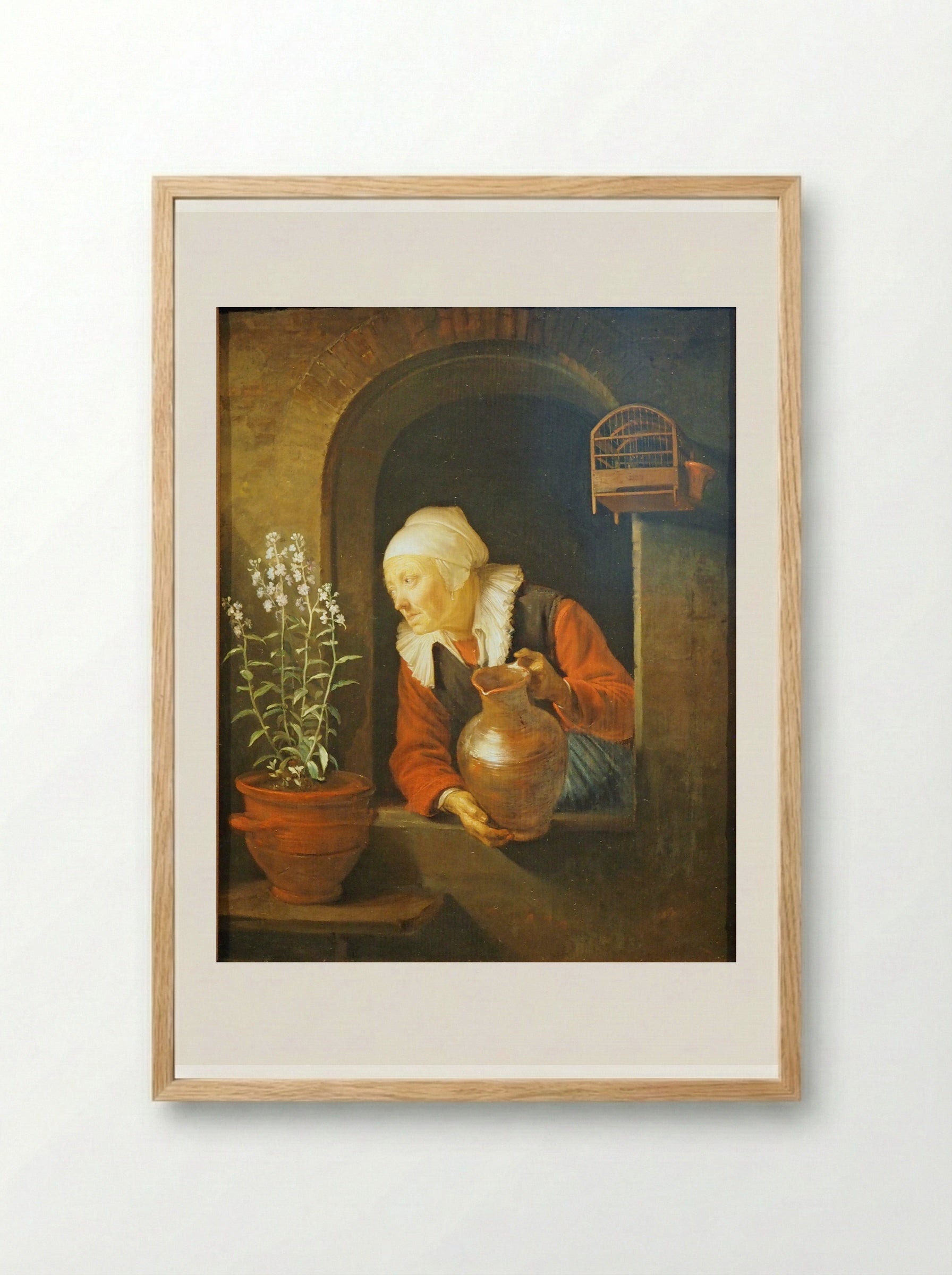 Old Woman Watering Flowers - Gerrit Dou - Framed Print Wood