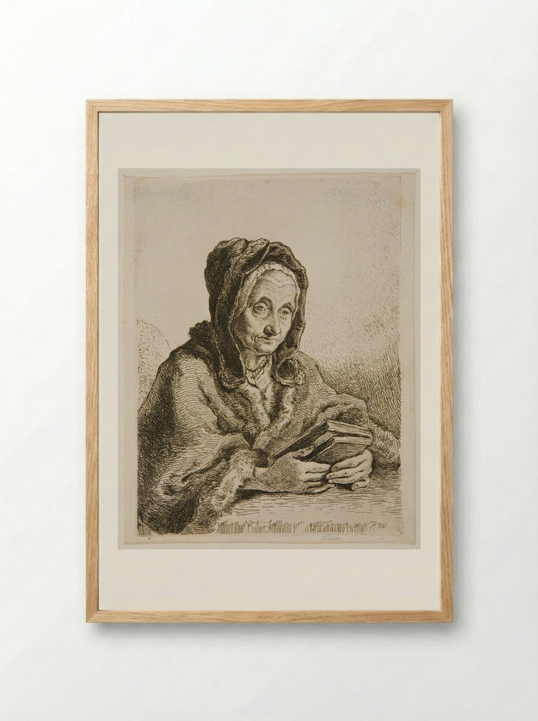 Old Woman with a Prayer Book - Joachim Martin Falbe - Framed Print Wood