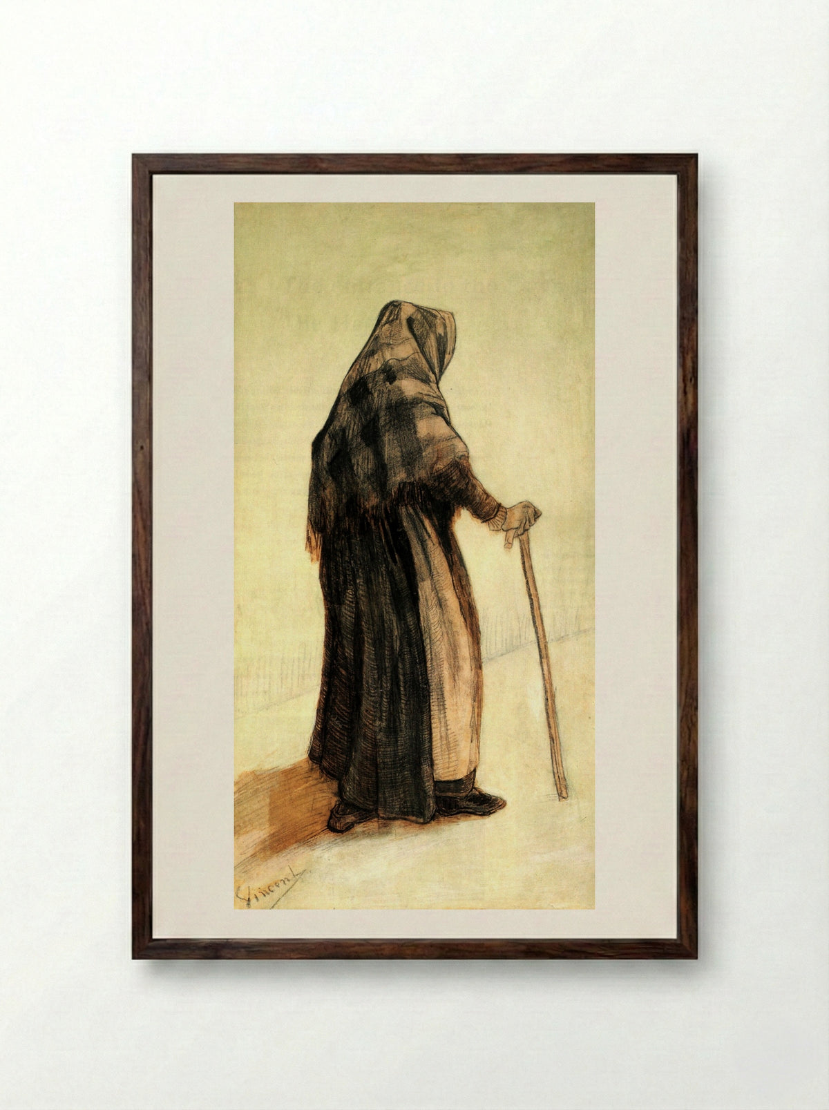 Old Woman with a Shawl and a Walking-Stick - Vincent van Gogh - Framed Print Dark Wood