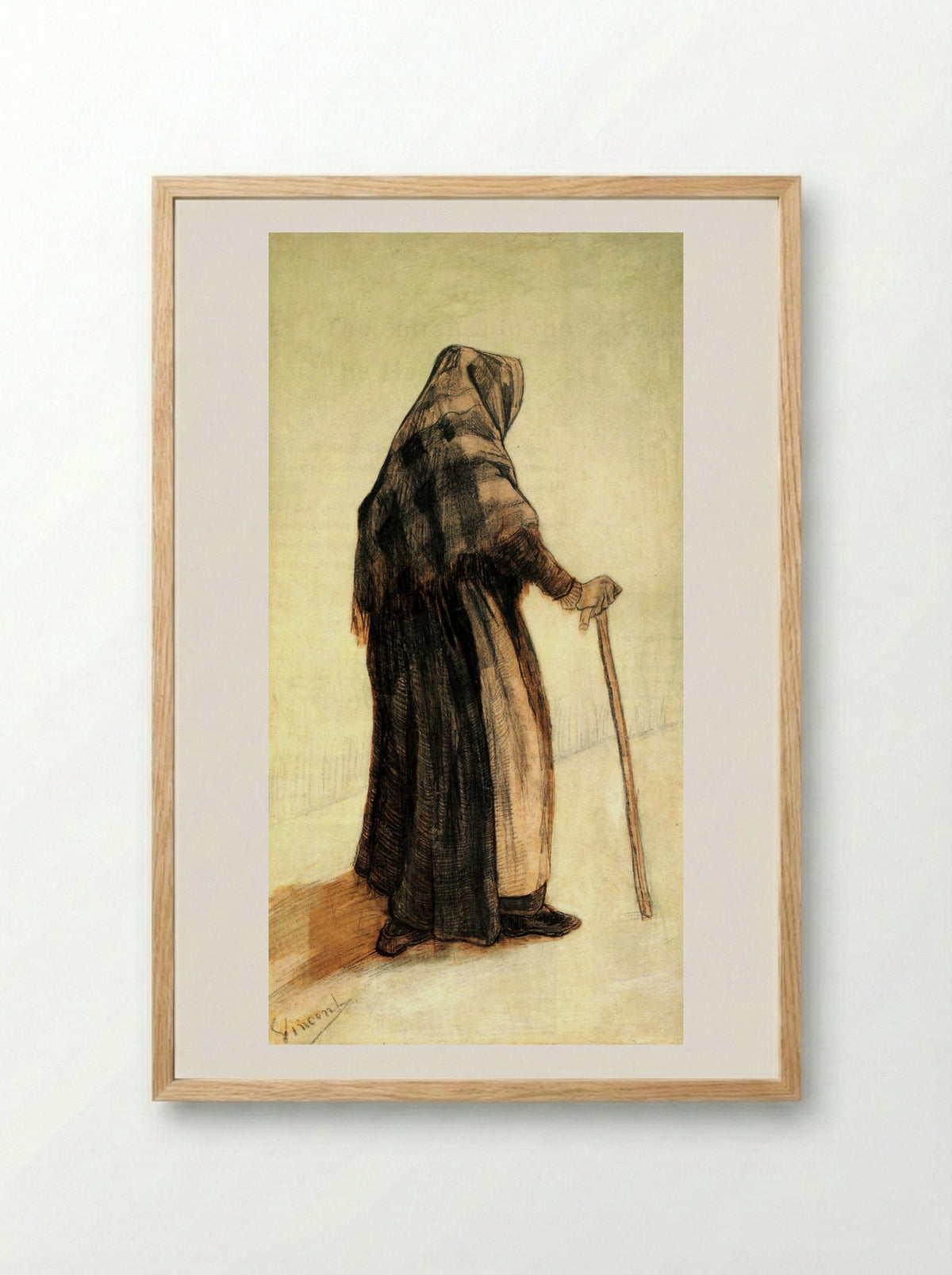 Old Woman with a Shawl and a Walking-Stick - Vincent van Gogh - Framed Print Wood