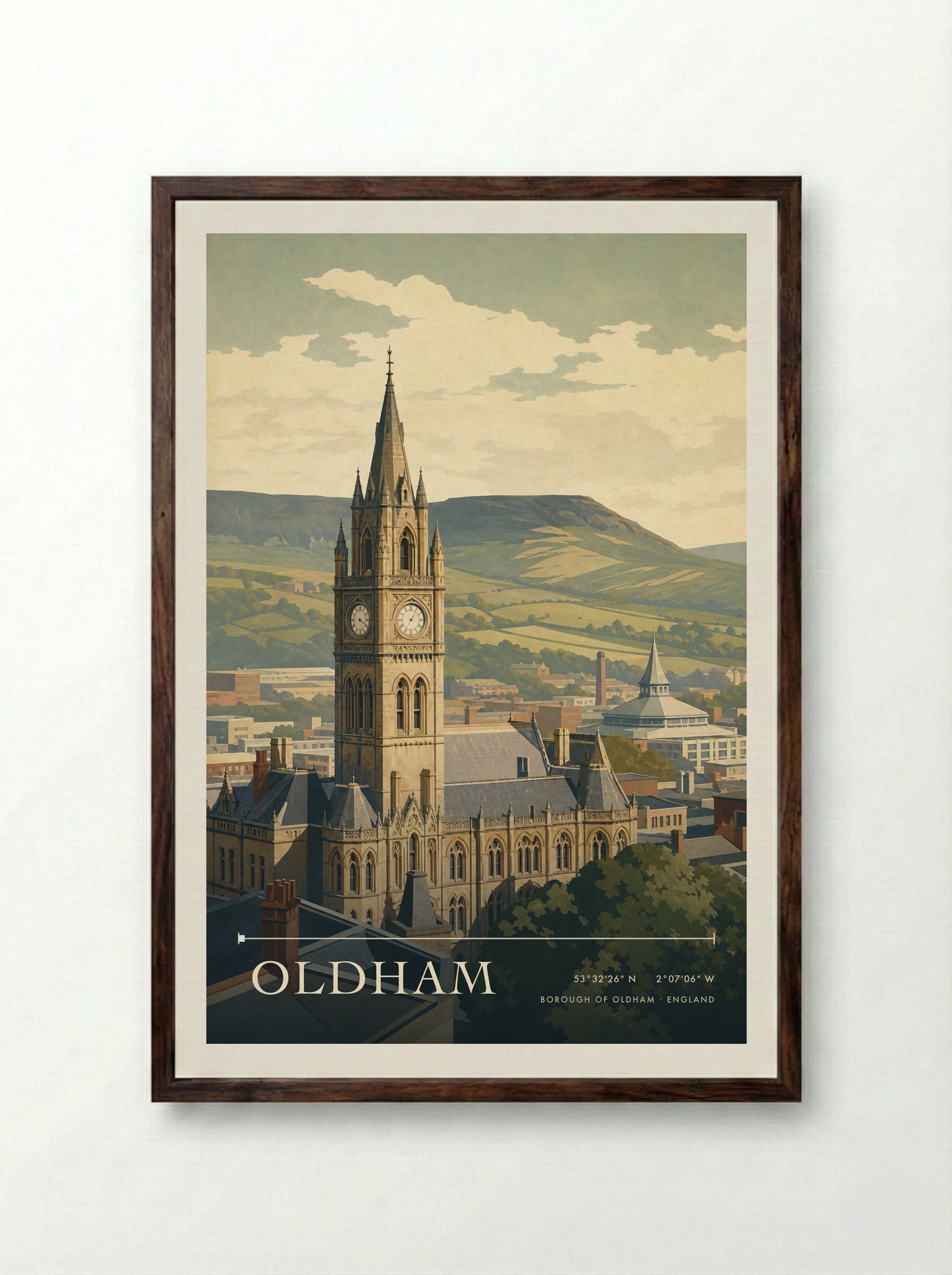 Oldham Borough of Oldham England Travel Poster - Framed Print Dark Wood