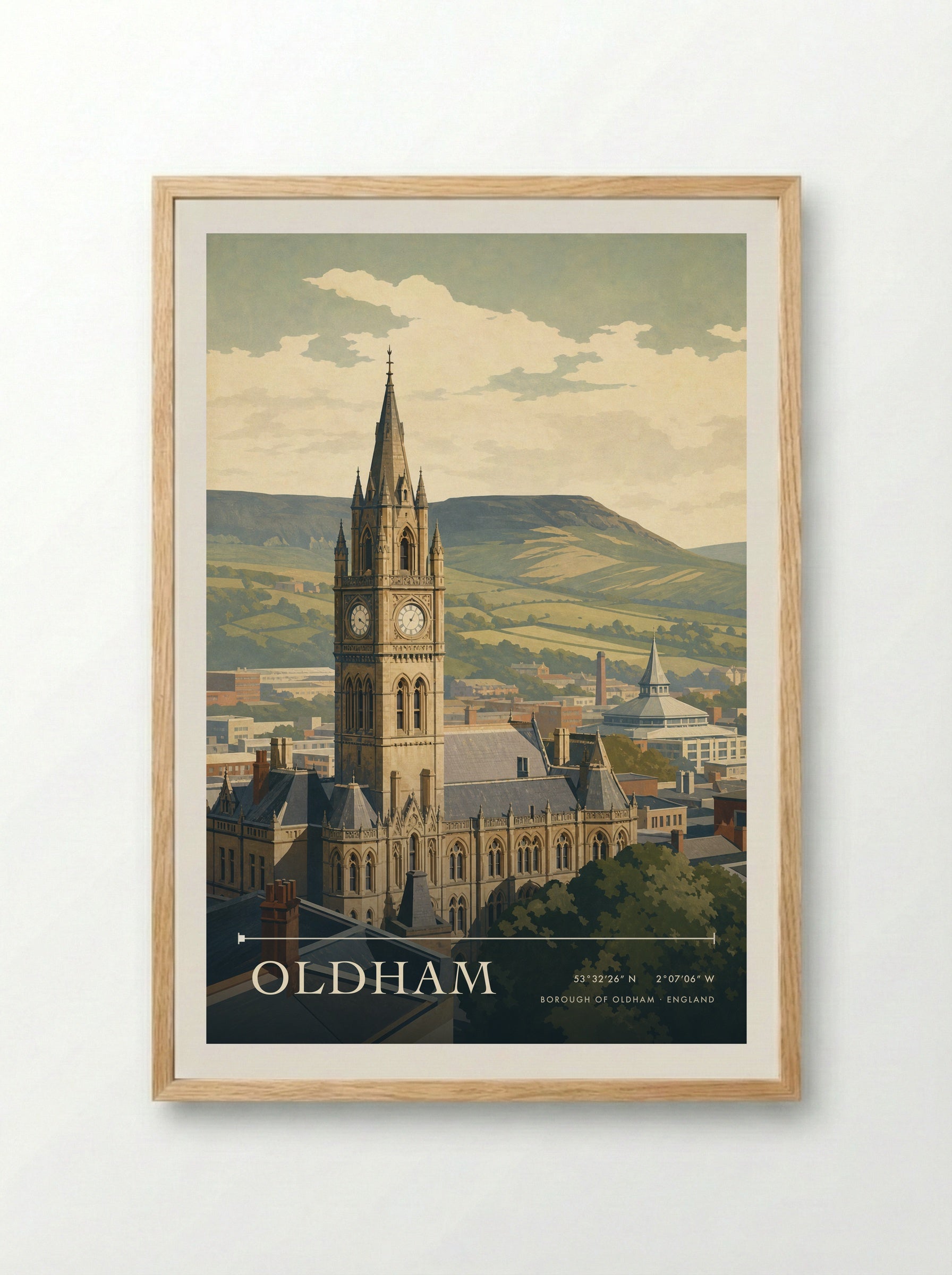 Oldham Borough of Oldham England Travel Poster - Framed Print Wood