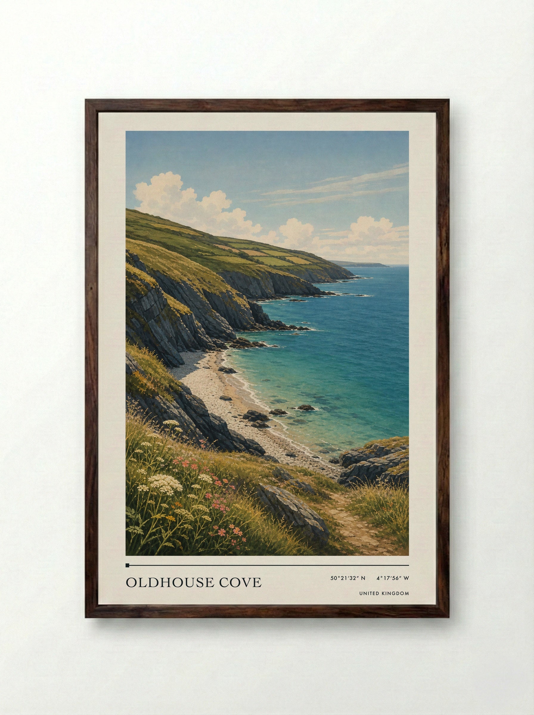 Oldhouse Cove United Kingdom Travel Poster - Framed Print Dark Wood