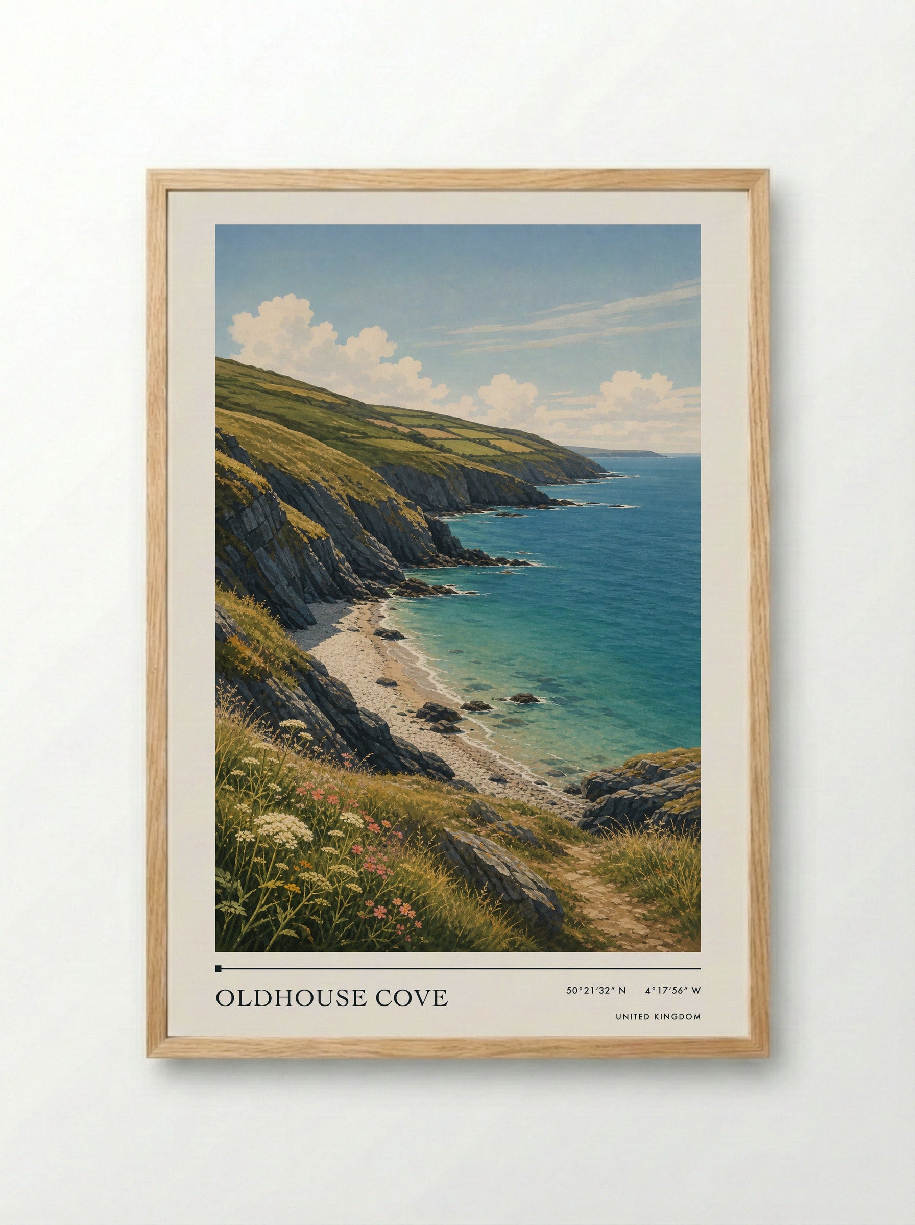 Oldhouse Cove United Kingdom Travel Poster - Framed Print Wood