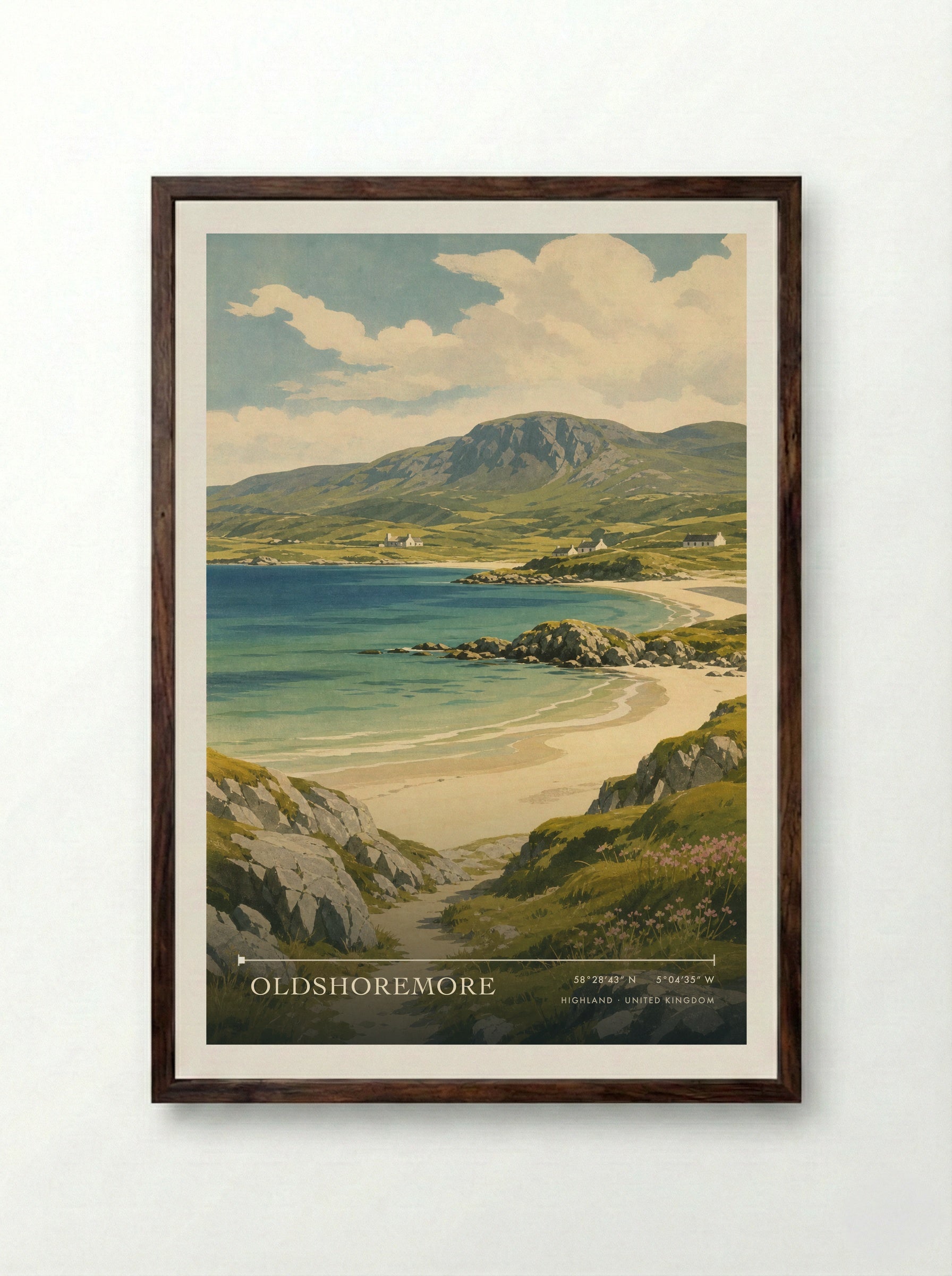 Oldshoremore Highland United Kingdom Travel Poster - Framed Print Dark Wood