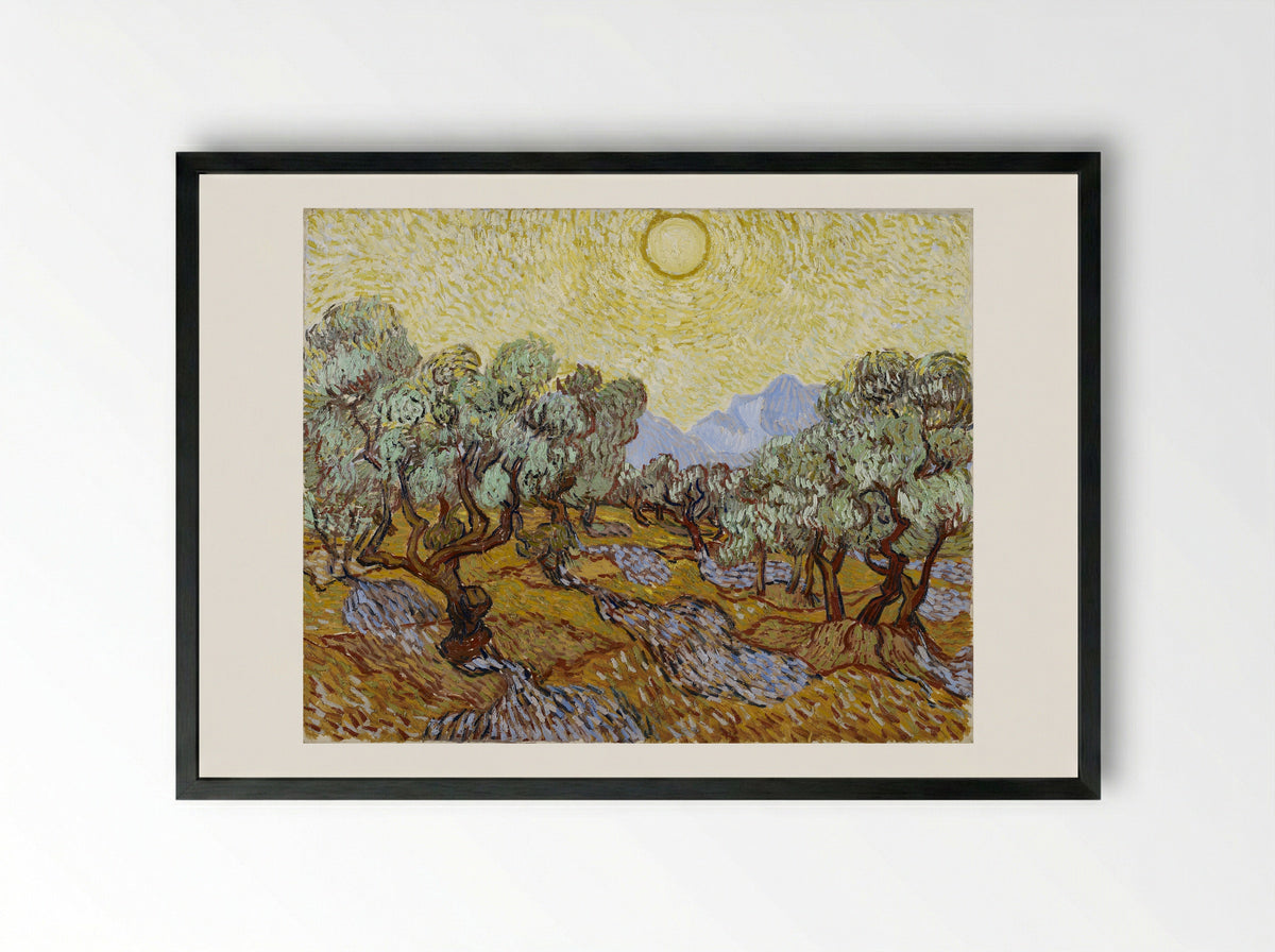 Olive Trees with Yellow Sky and Sun - Vincent van Gogh - Framed Print Black
