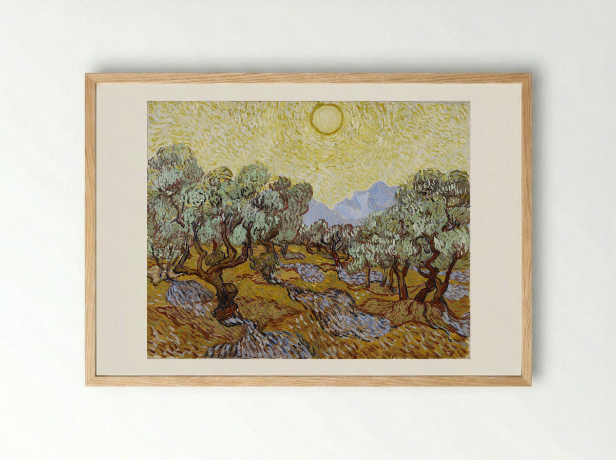 Olive Trees with Yellow Sky and Sun - Vincent van Gogh - Framed Print Wood