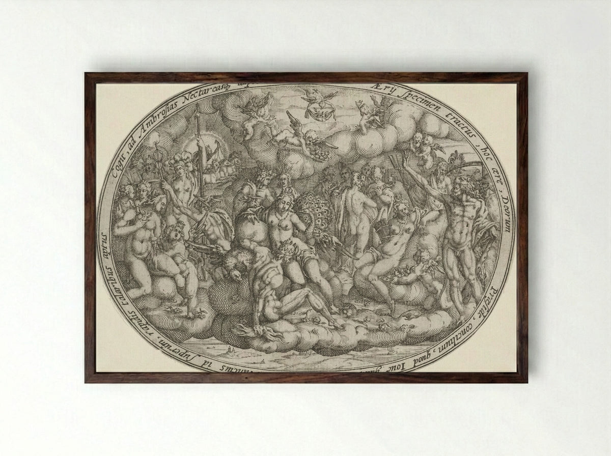 Olympian Gods Among the Clouds: The Element of Air - Abraham van den Hecken - Framed Print Dark Wood