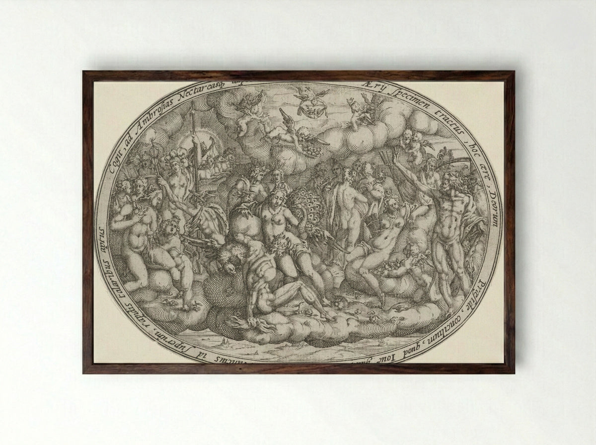 Olympian Gods Among the Clouds: The Element of Air - Abraham van den Hecken - Framed Print Dark Wood