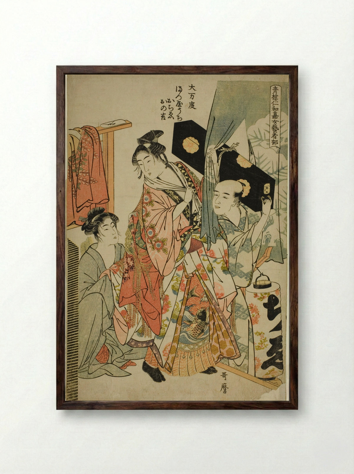 Omando: Ochie, Onokichi of the Matsuya - Kitagawa Utamaro - Framed Print Dark Wood