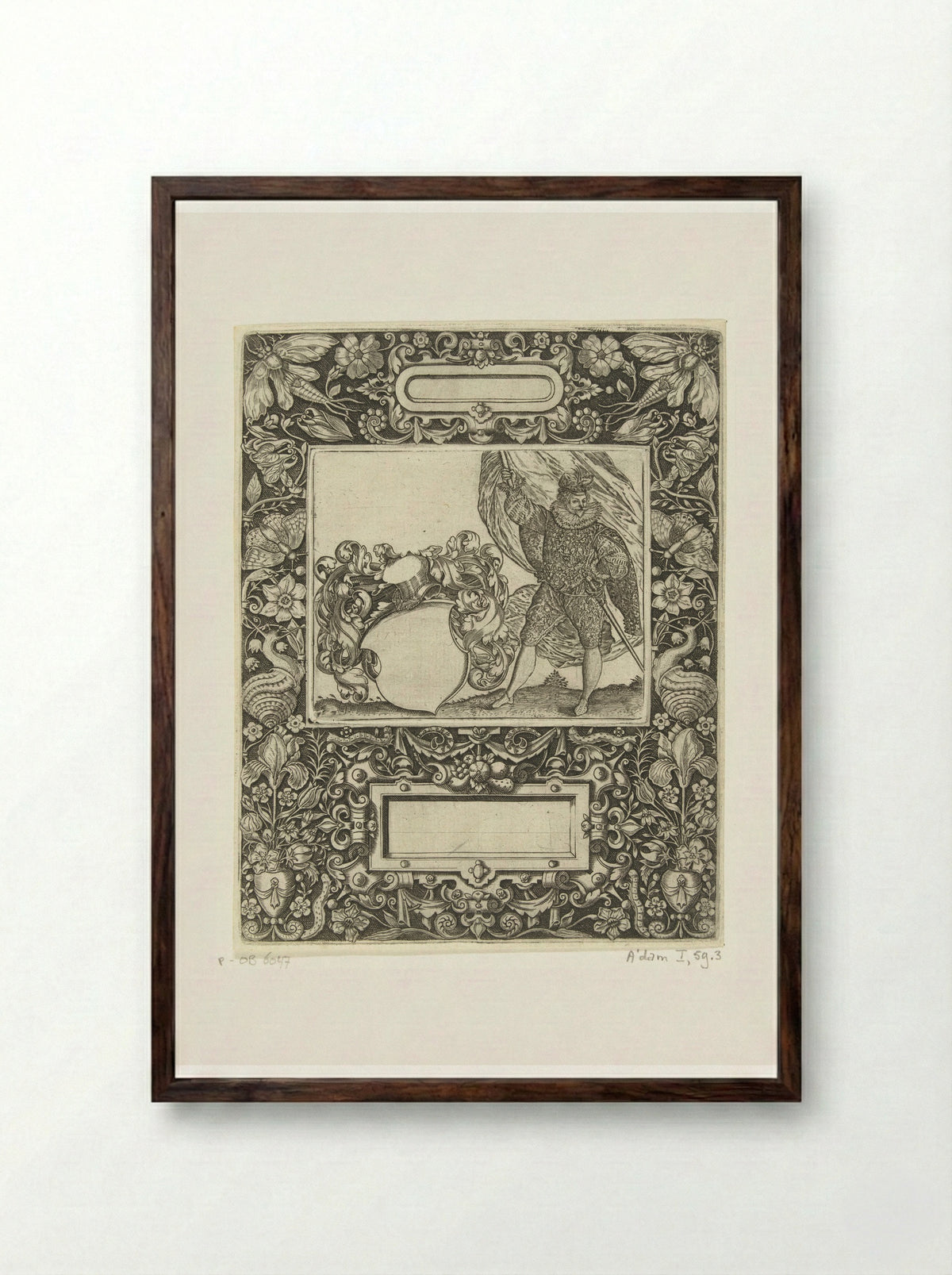 Omlijsting met een langwerpige cartouche met ronde zijkanten middenboven - Theodor de Bry - Framed Print Dark Wood