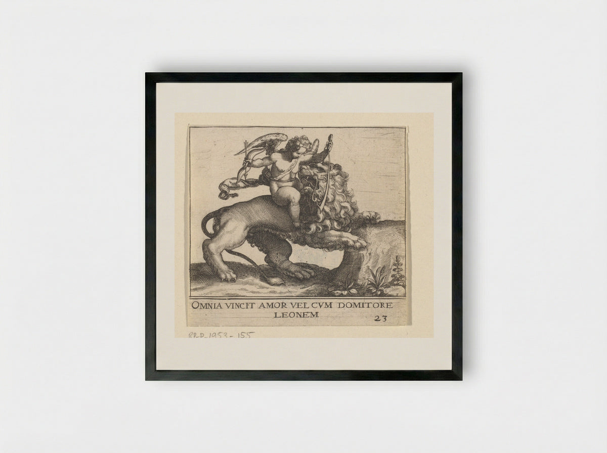 Omnia Vincit Amor (Cupid Taming a Lion) - Johann Theodor de Bry - Framed Print Black