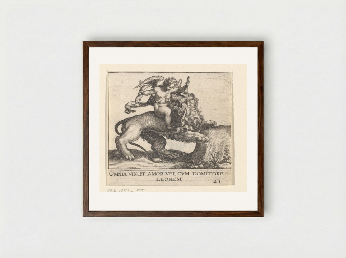 Omnia Vincit Amor (Cupid Taming a Lion) - Johann Theodor de Bry - Framed Print Dark Wood