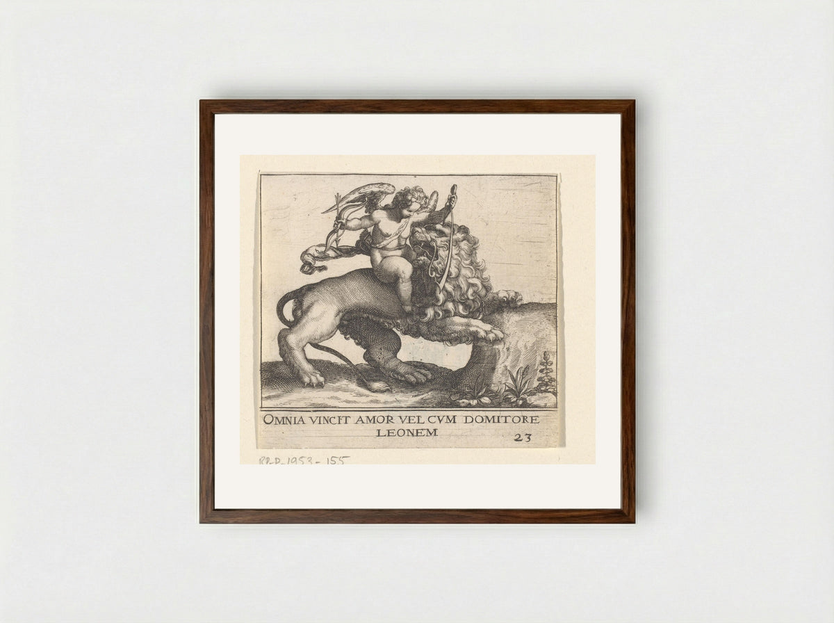 Omnia Vincit Amor (Cupid Taming a Lion) - Johann Theodor de Bry - Framed Print Dark Wood