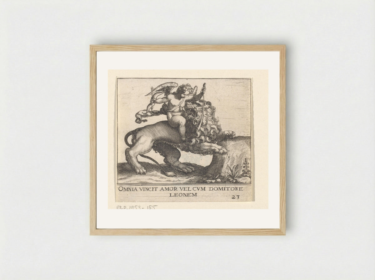 Omnia Vincit Amor (Cupid Taming a Lion) - Johann Theodor de Bry - Framed Print Wood