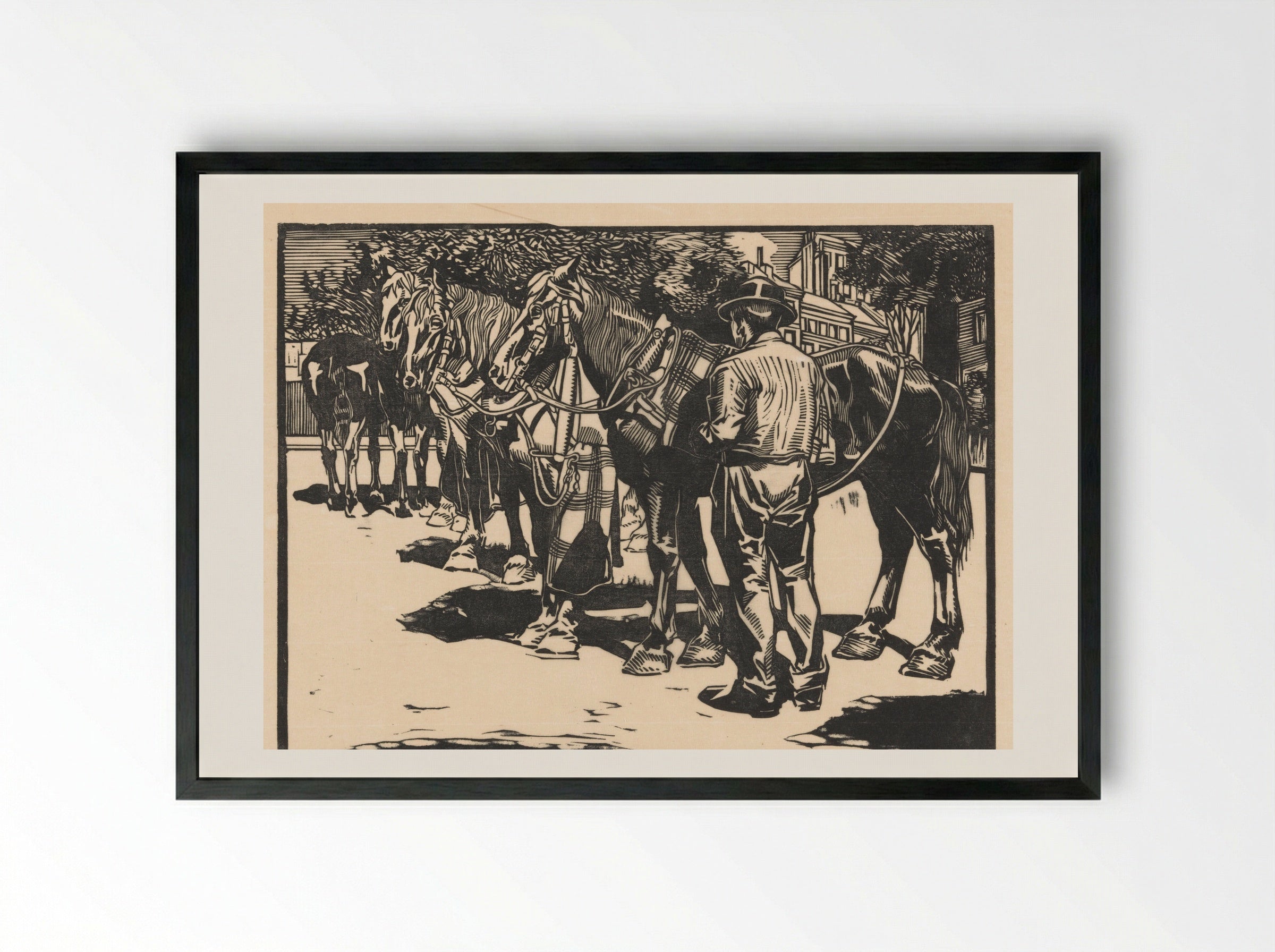 Omnibus-paarden op een plein - Johannes Josephus Aarts - Framed Print Black