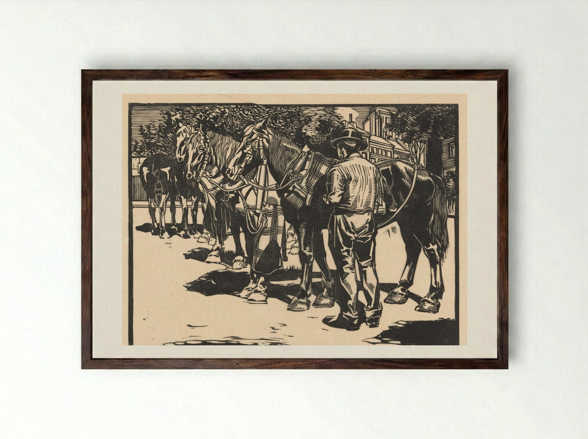 Omnibus-paarden op een plein - Johannes Josephus Aarts - Framed Print Dark Wood