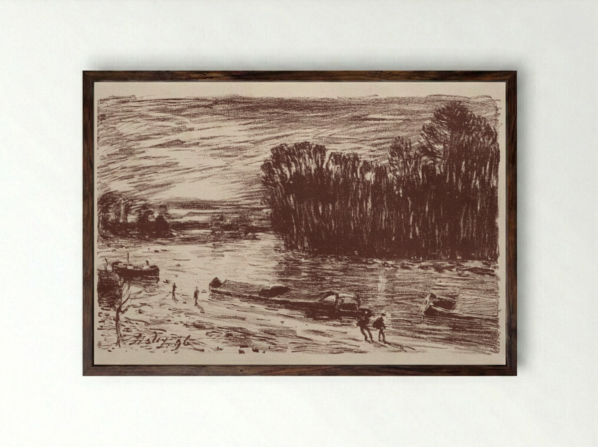 On the Banks of the Loing - Alfred Sisley - Framed Print Dark Wood