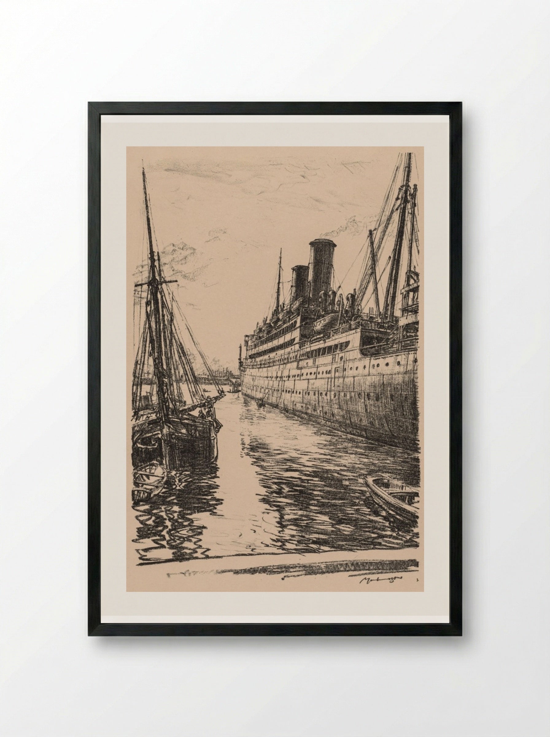 On the Clyde, 1917-1918: The Tuscania at Glasgow - Muirhead Bone - Framed Print Black