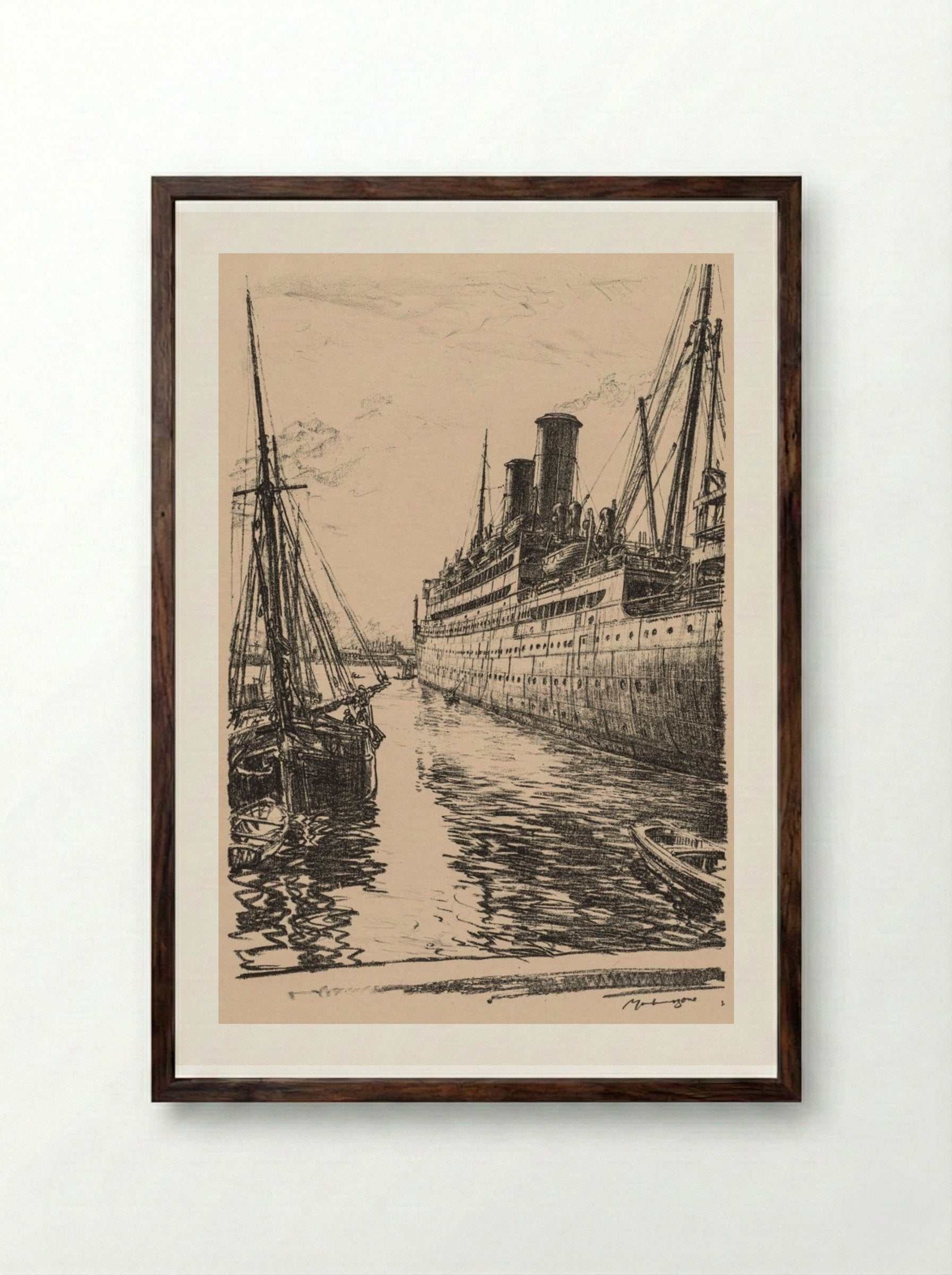 On the Clyde, 1917-1918: The Tuscania at Glasgow - Muirhead Bone - Framed Print Dark Wood