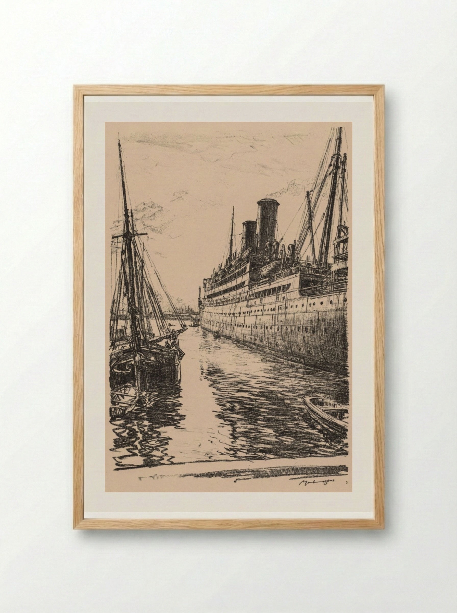 On the Clyde, 1917-1918: The Tuscania at Glasgow - Muirhead Bone - Framed Print Wood