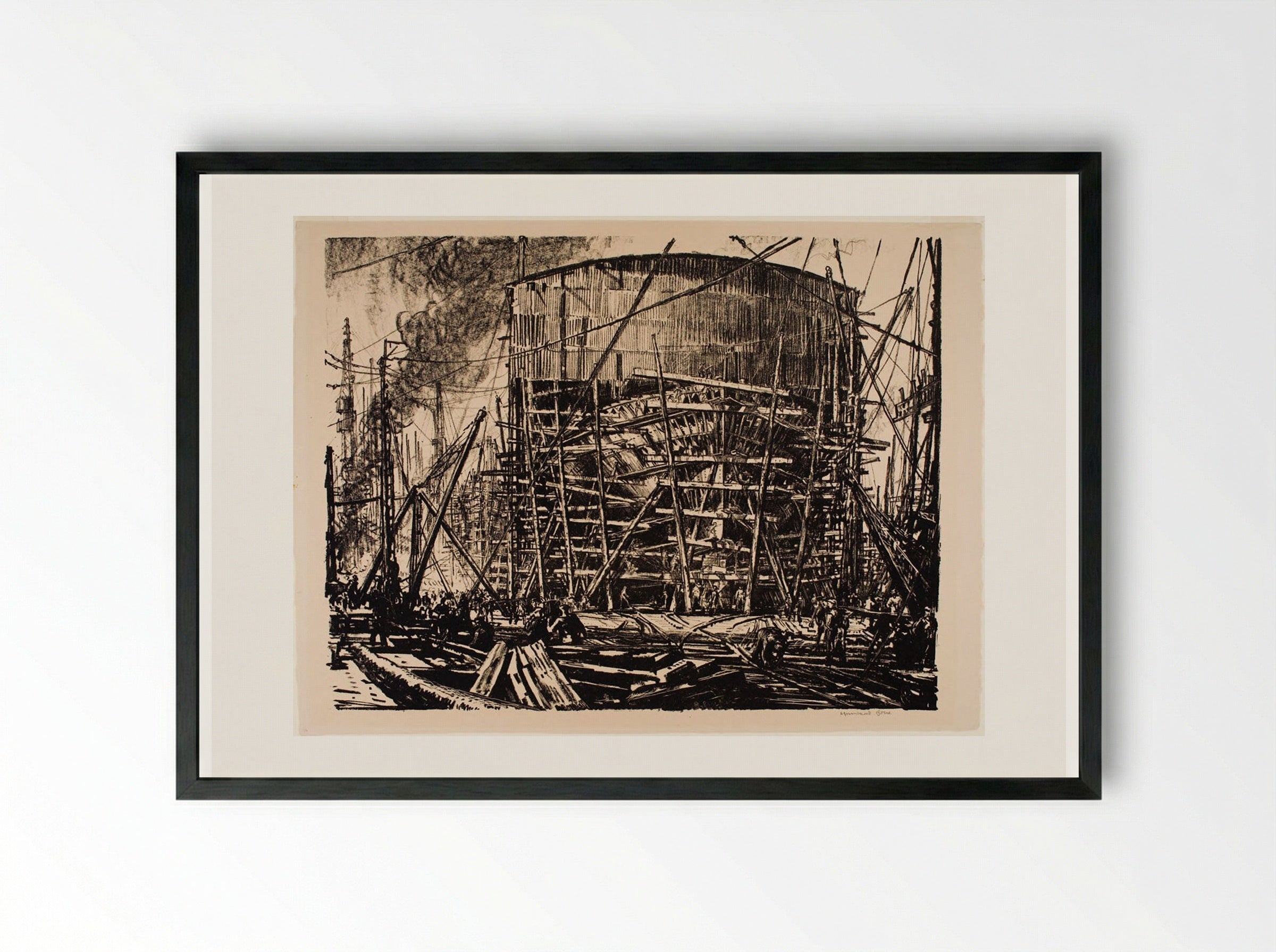 On the Stocks - Muirhead Bone - Framed Print Black