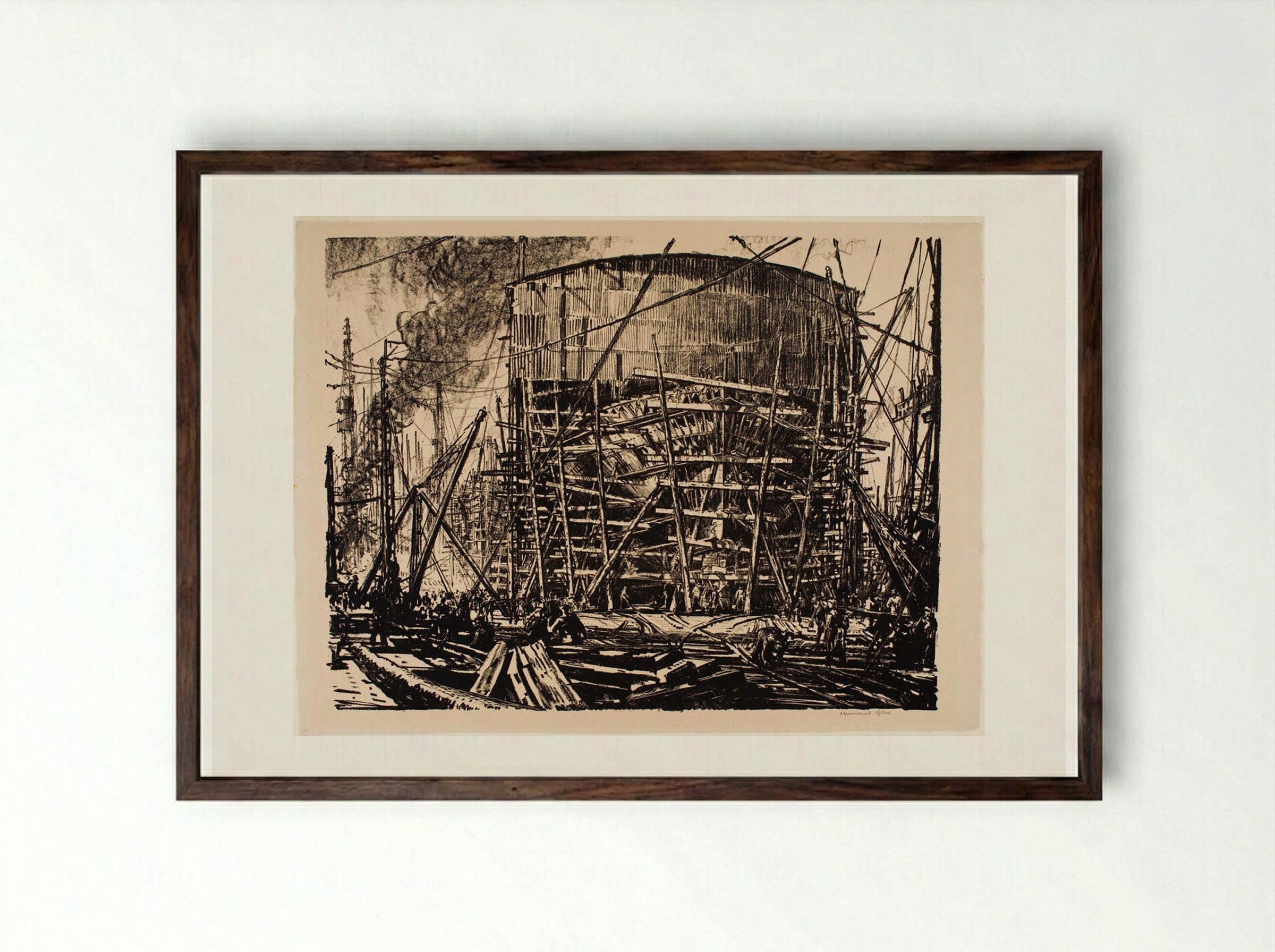 On the Stocks - Muirhead Bone - Framed Print Dark Wood