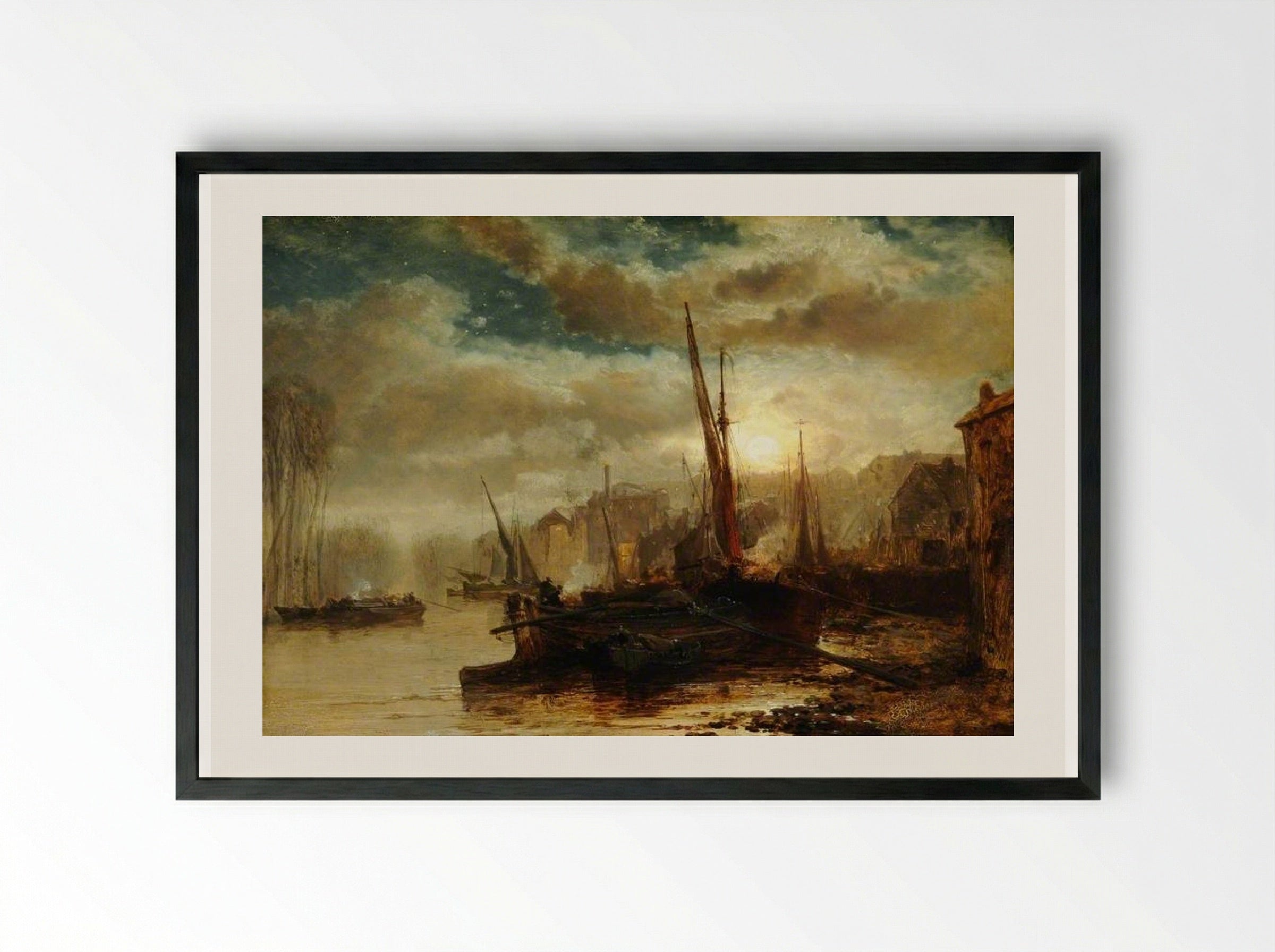 On the Thames, near Kew - James Webb - Framed Print Black