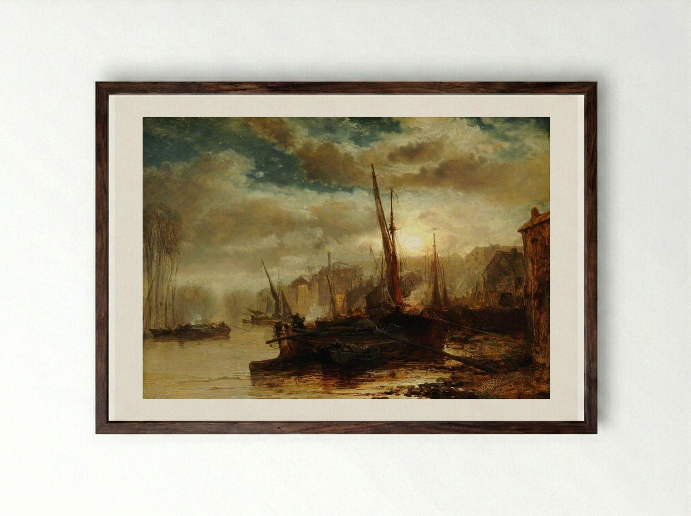 On the Thames, near Kew - James Webb - Framed Print Dark Wood