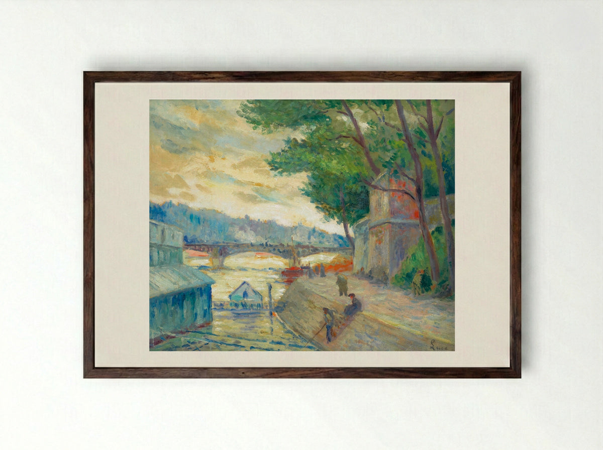 On the banks of the Seine - Maximilien Luce - Framed Print Dark Wood