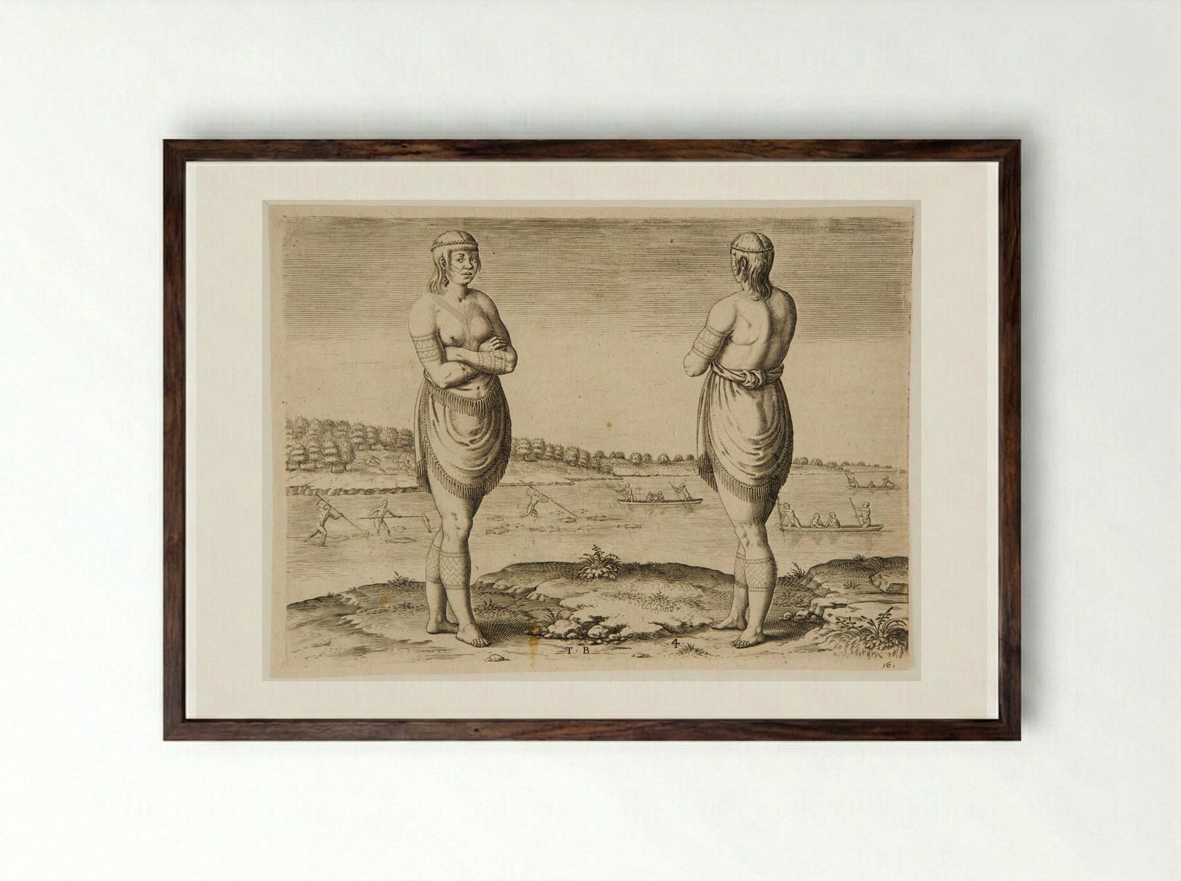 One of the Chief Ladies of Secota - Theodor de Bry - Framed Print Dark Wood
