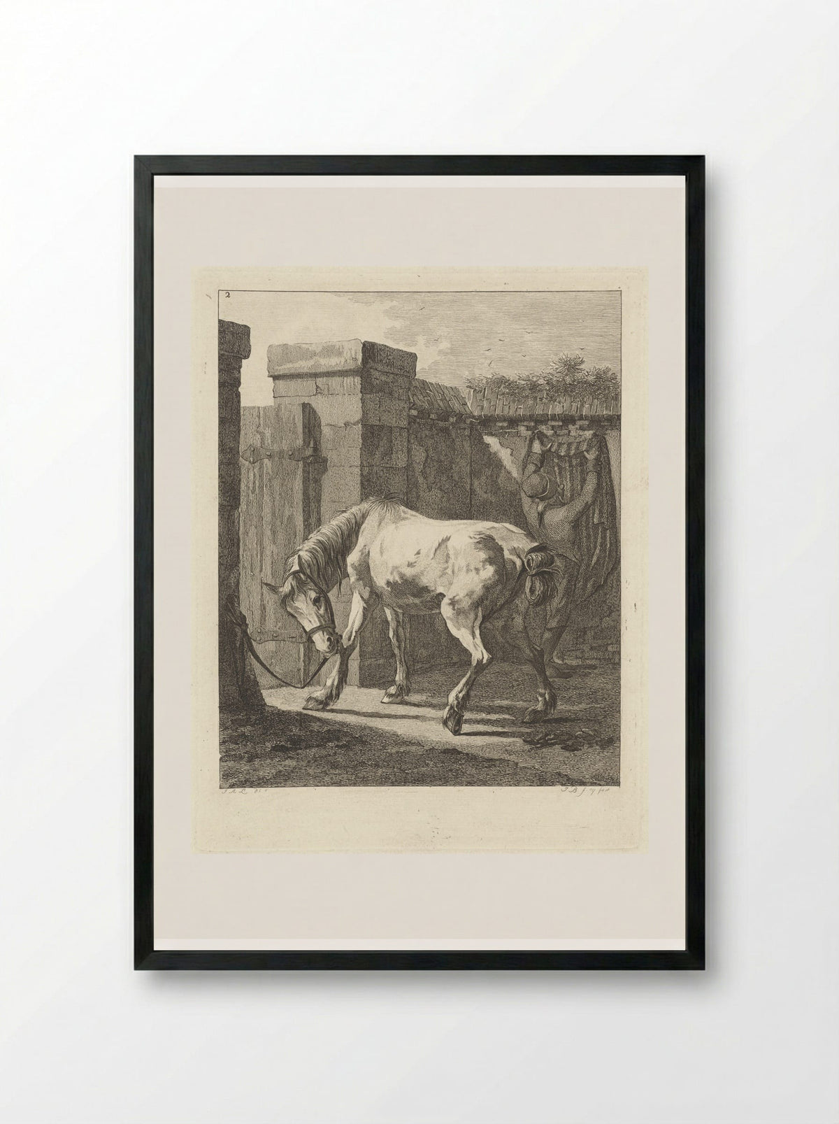 Ongezadeld paard met de toom aan een paal vastgemaakt - Joannes Bemme - Framed Print Black