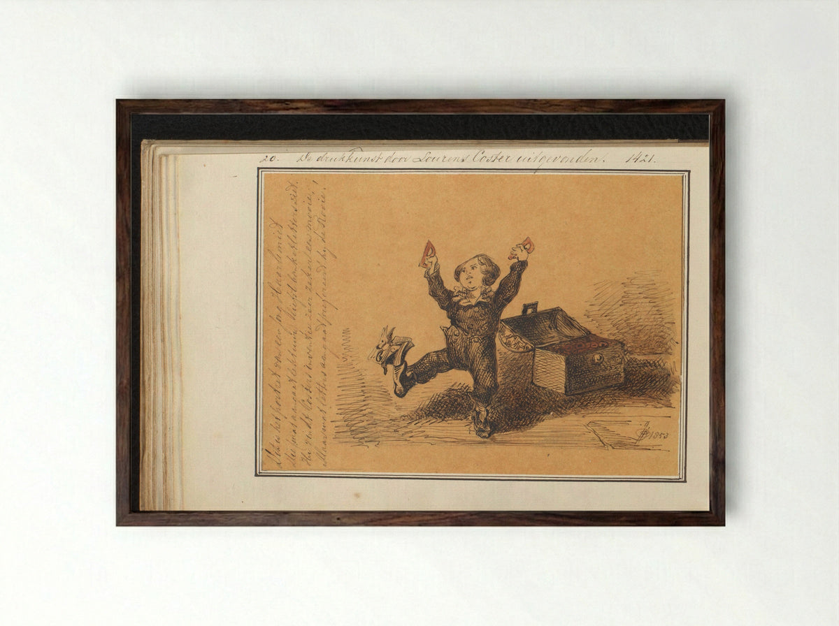 Ontdekking van de drukkunst door Laurens Janszoon Coster - Jacob van Lennep - Framed Print Dark Wood