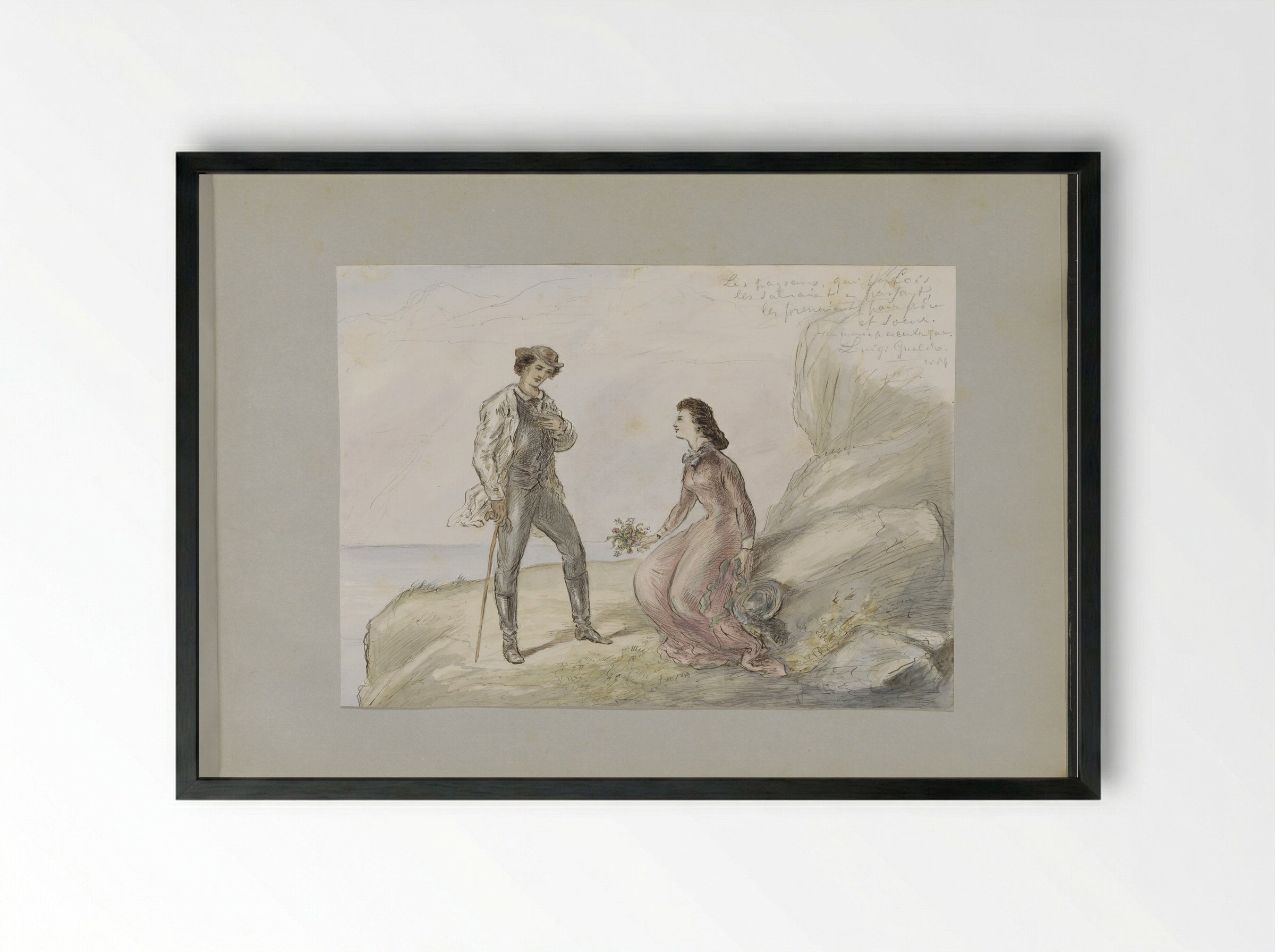Ontmoeting van twee geliefden bij een rots - Alexander Ver Huell - Framed Print Black