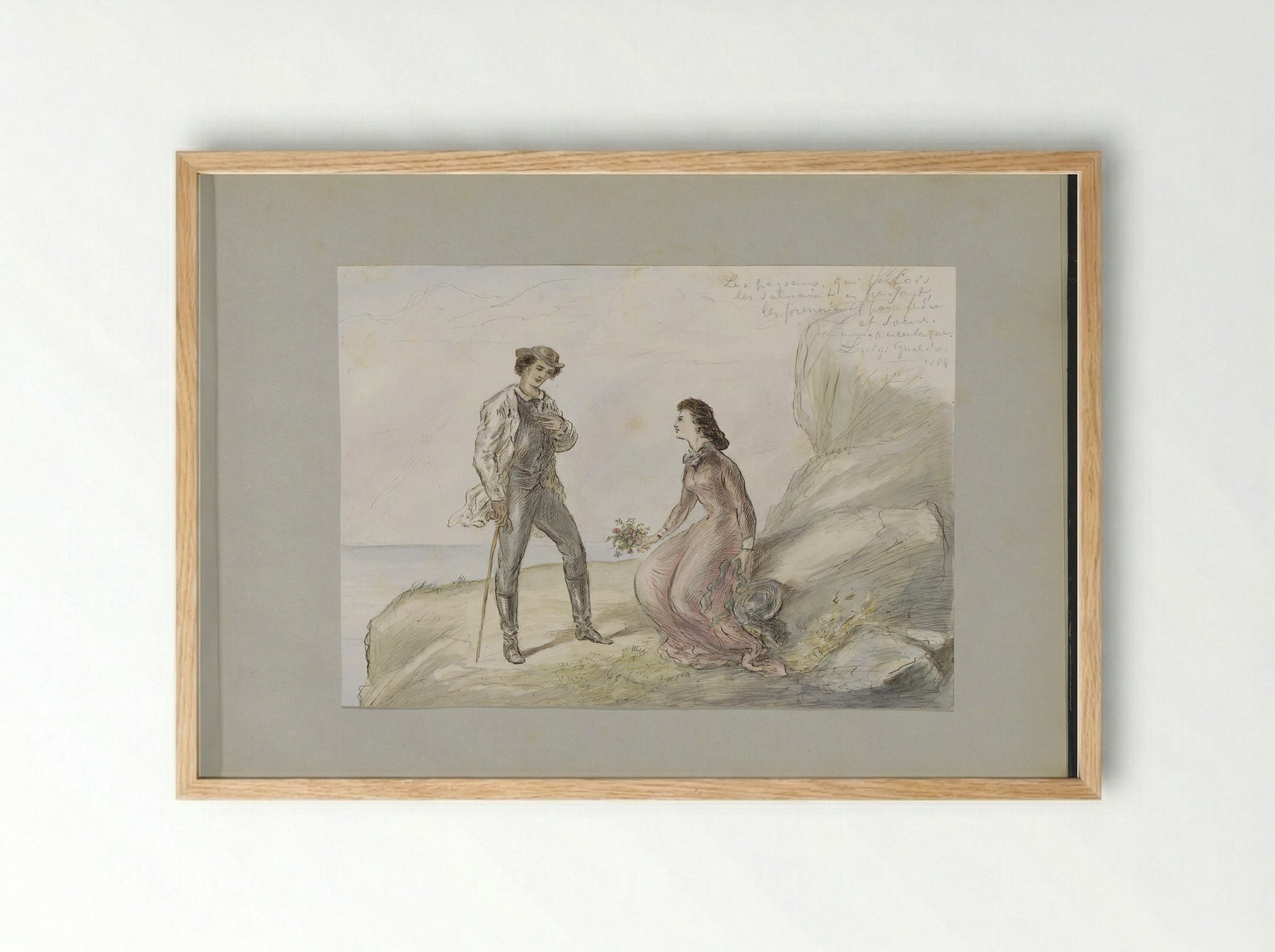 Ontmoeting van twee geliefden bij een rots - Alexander Ver Huell - Framed Print Wood