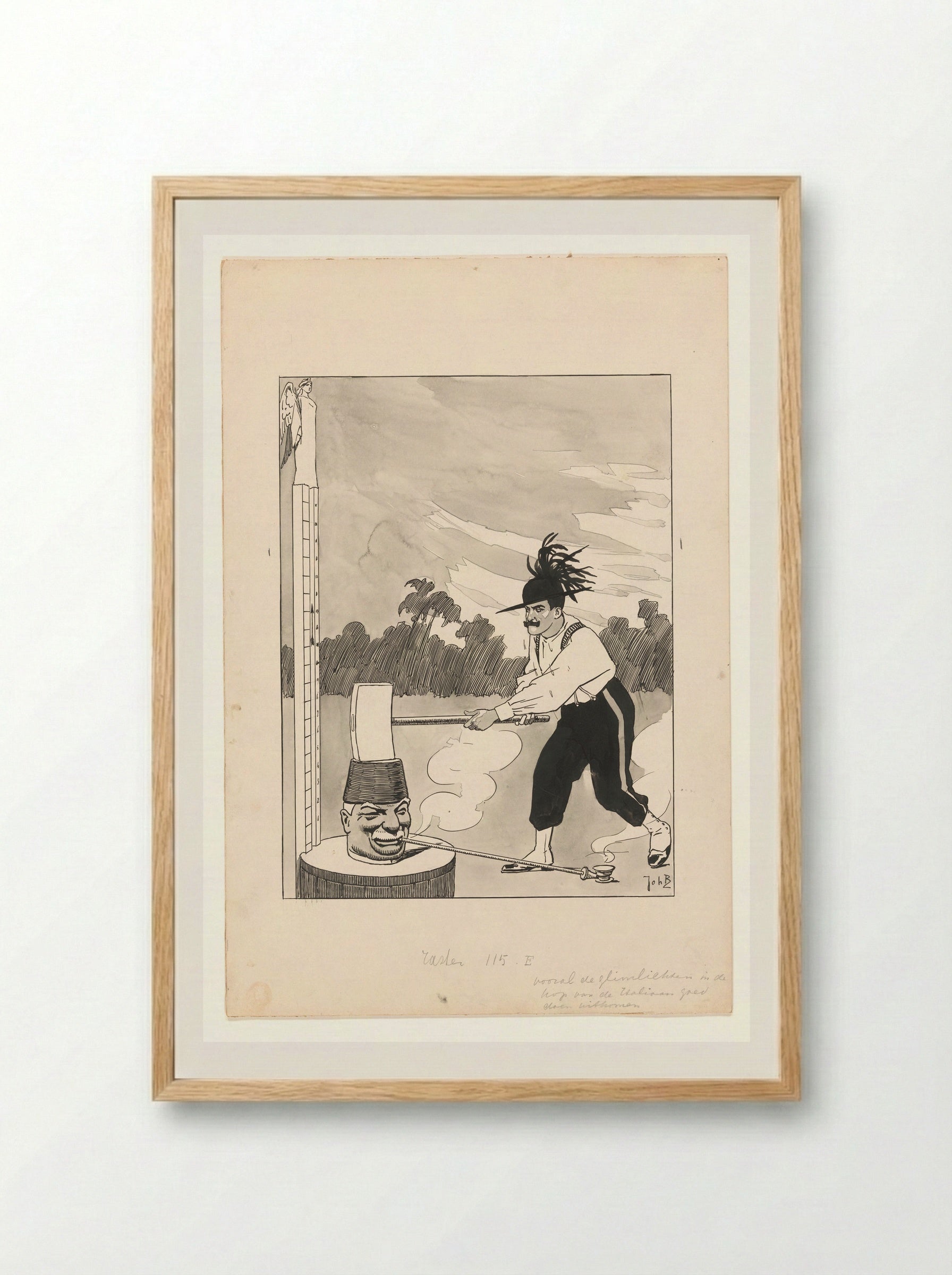 Ontwerp voor illustratie in De Amsterdammer: Een Italiaan slaat op de Kop van Jut - Johan Braakensiek - Framed Print Wood