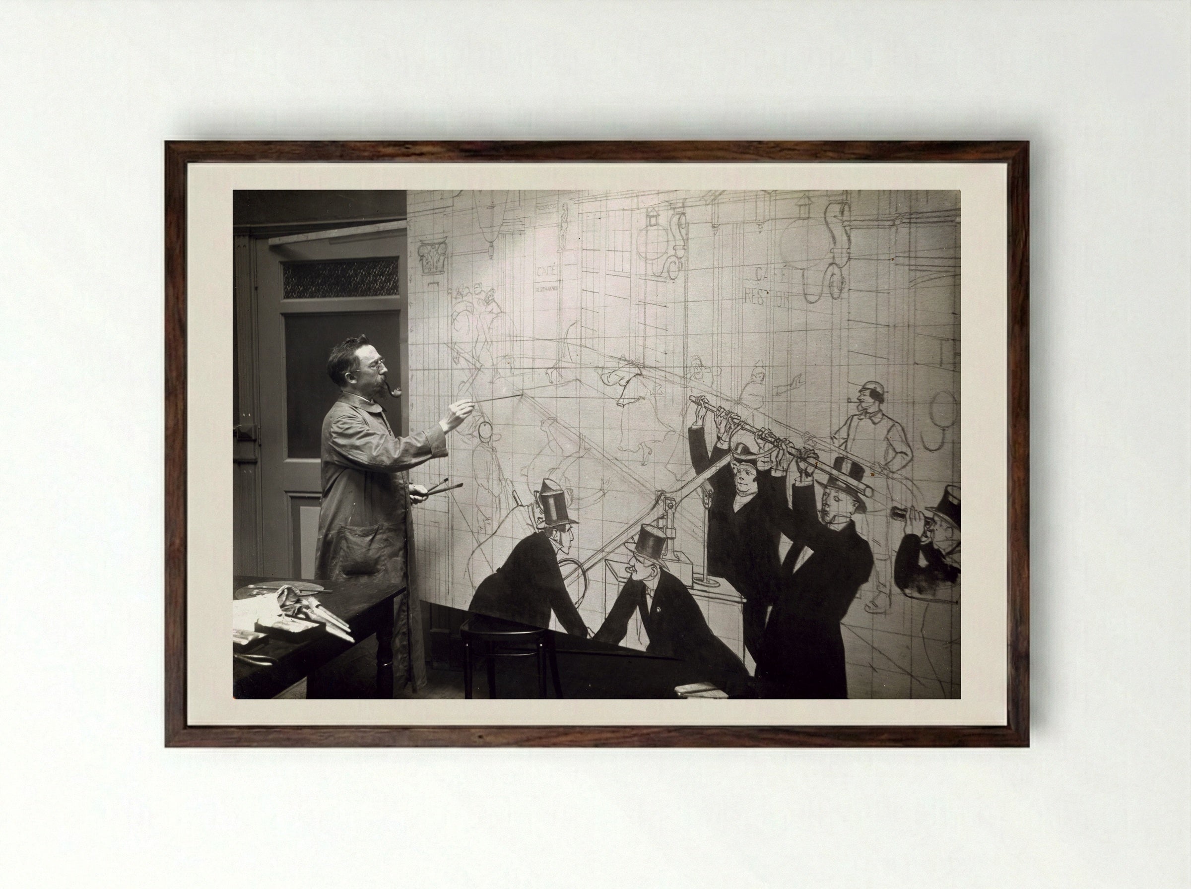 Ontwerp voor illustratie in De Amsterdammer: Het 2000ste nummer. Aan boord van De Amsterdammer - Johan Braakensiek - Framed Print Dark Wood