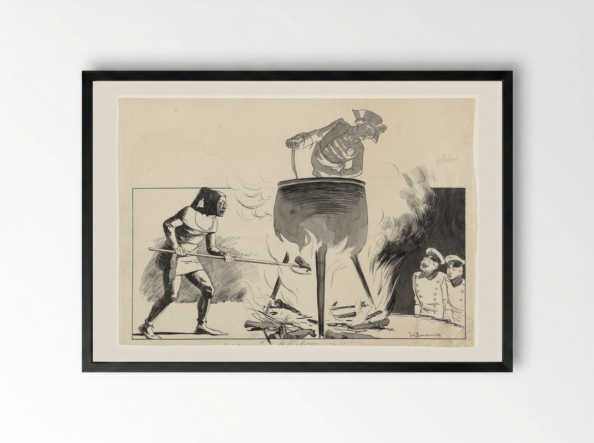 Ontwerp voor illustratie in De Amsterdammer: een man in een ketel met stoker en toekijkers - Johan Braakensiek - Framed Print Black