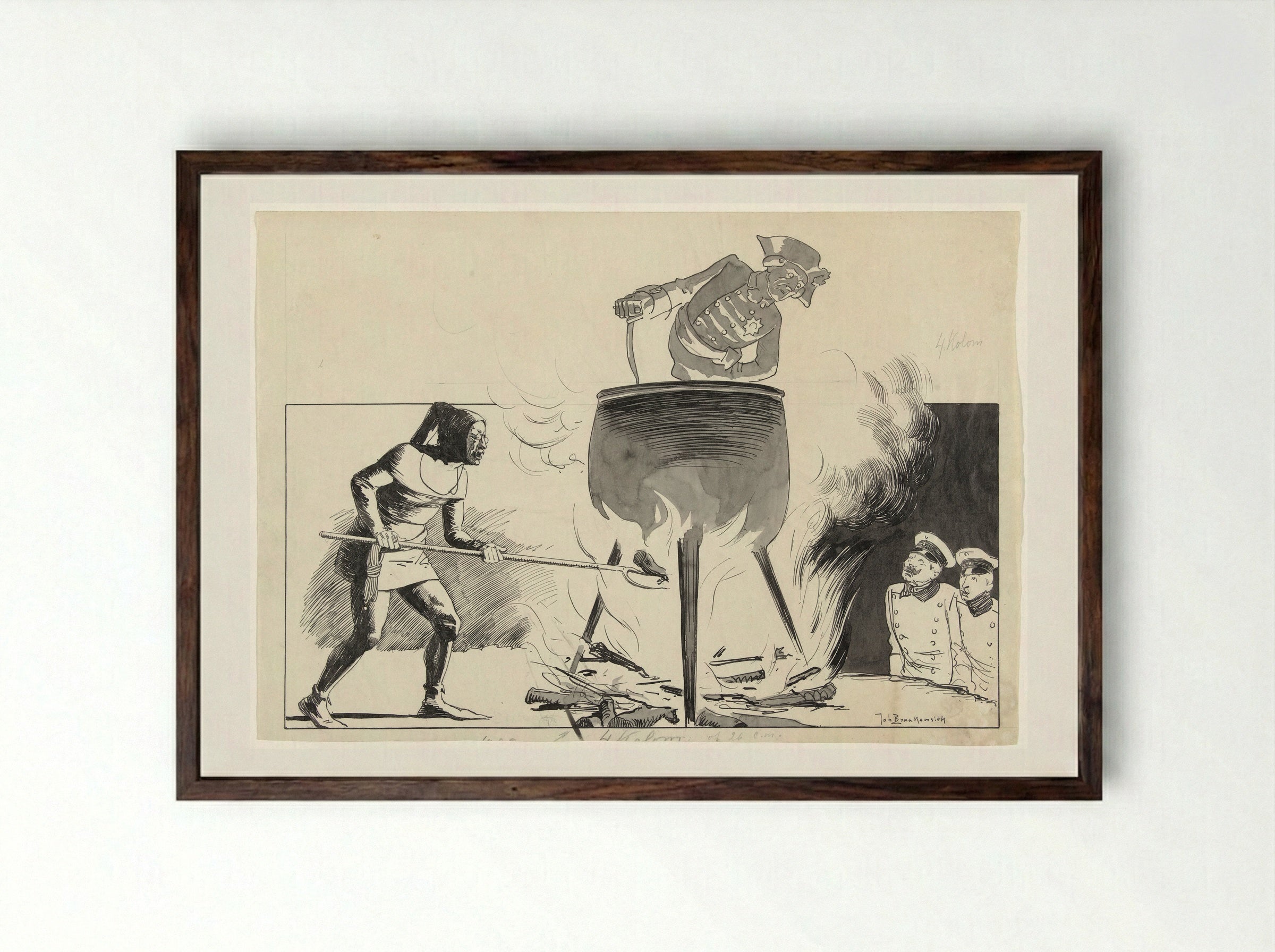 Ontwerp voor illustratie in De Amsterdammer: een man in een ketel met stoker en toekijkers - Johan Braakensiek - Framed Print Dark Wood