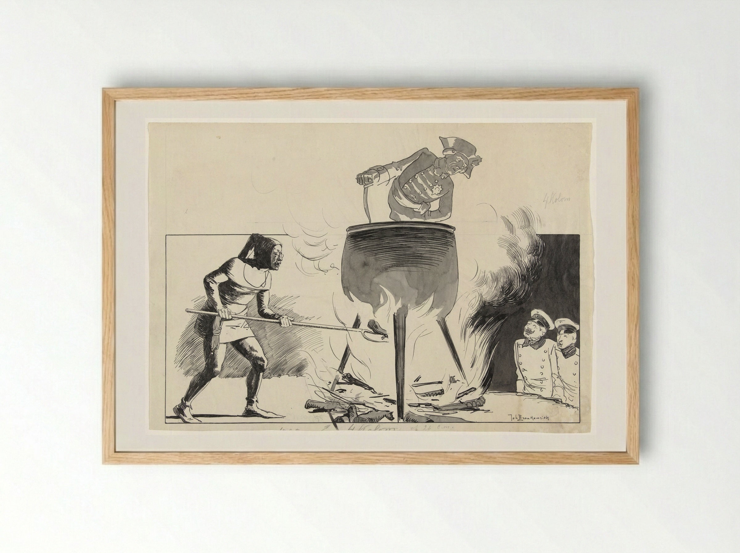 Ontwerp voor illustratie in De Amsterdammer: een man in een ketel met stoker en toekijkers - Johan Braakensiek - Framed Print Wood