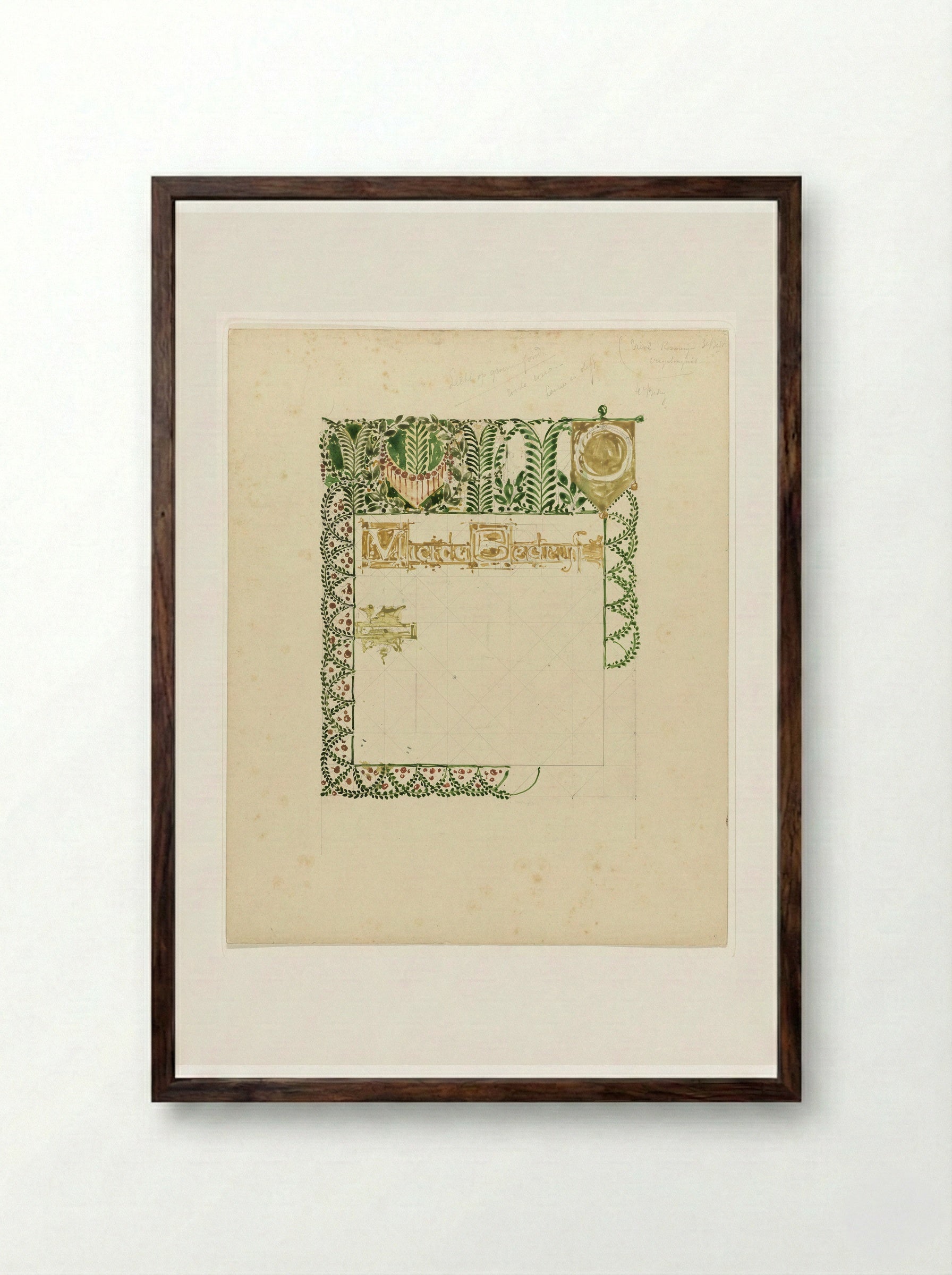 Ontwerp voor tekst Vierde Bedrijf met ornamenten - Bernard Willem Wierink - Framed Print Dark Wood