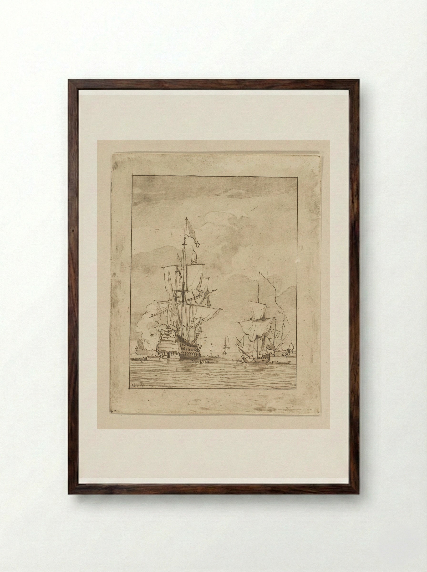 Oorlogsschip een schot lossend - Cornelis Ploos van Amstel - Framed Print Dark Wood