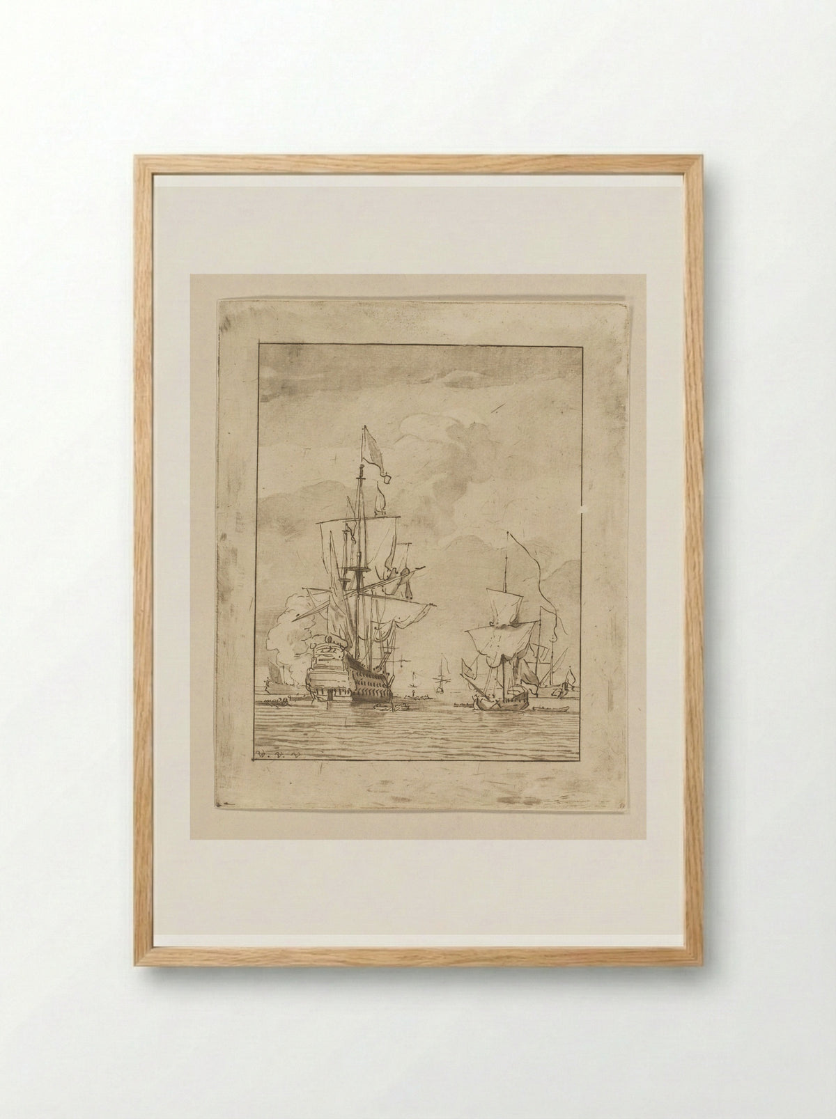 Oorlogsschip een schot lossend - Cornelis Ploos van Amstel - Framed Print Wood