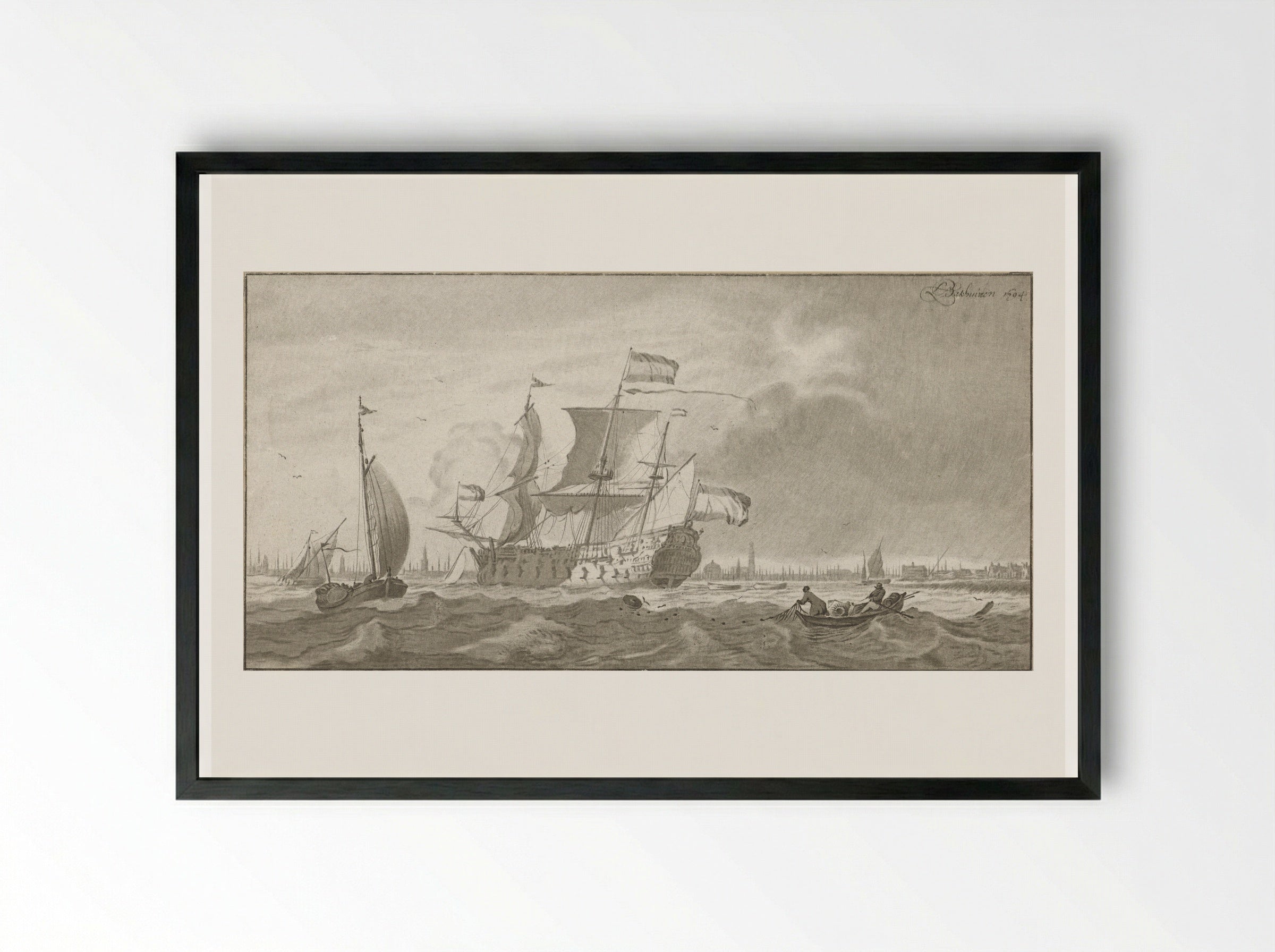 Oorlogsschip op het IJ - Cornelis Ploos van Amstel - Framed Print Black